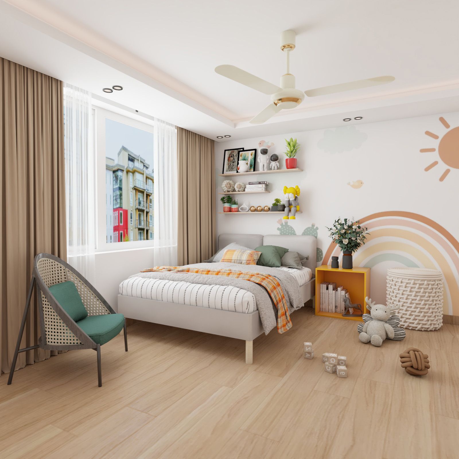 Scandinavian Kids Room Design With Nature-Themed Wallpaper And Dual-Toned Queen Size Bed