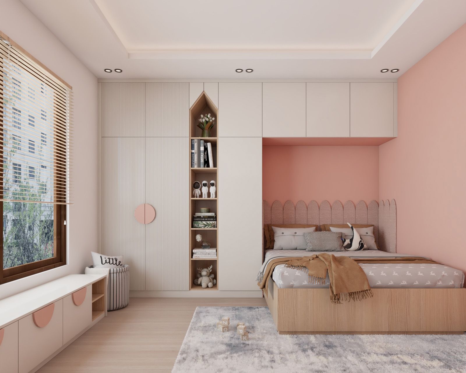 Contemporary Pink And White Girls Room Design With 3-Door Swing Wardrobe