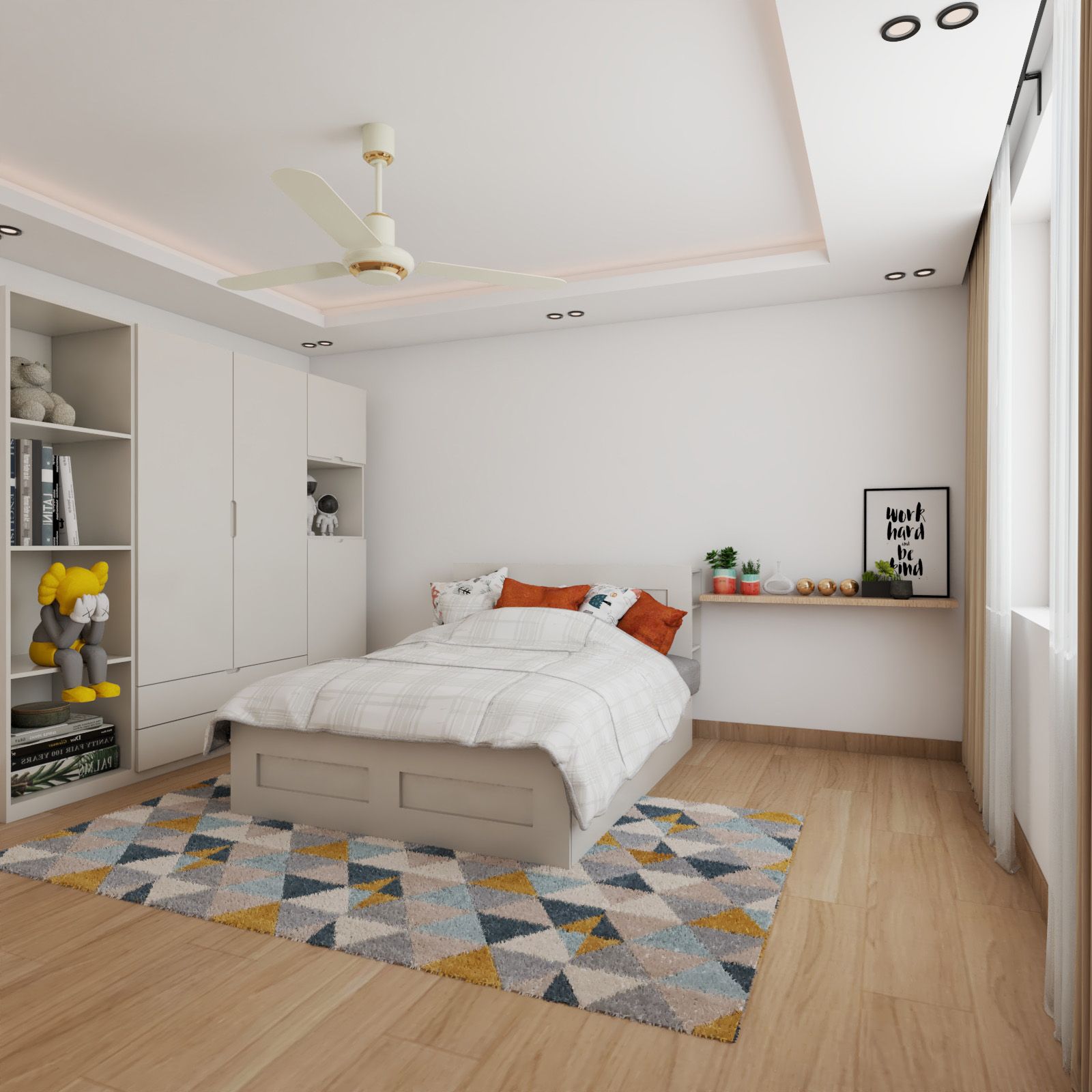 Scandinavian White And Wood Kids Room Design With 2-Door White Swing Wardrobe And Open Storage