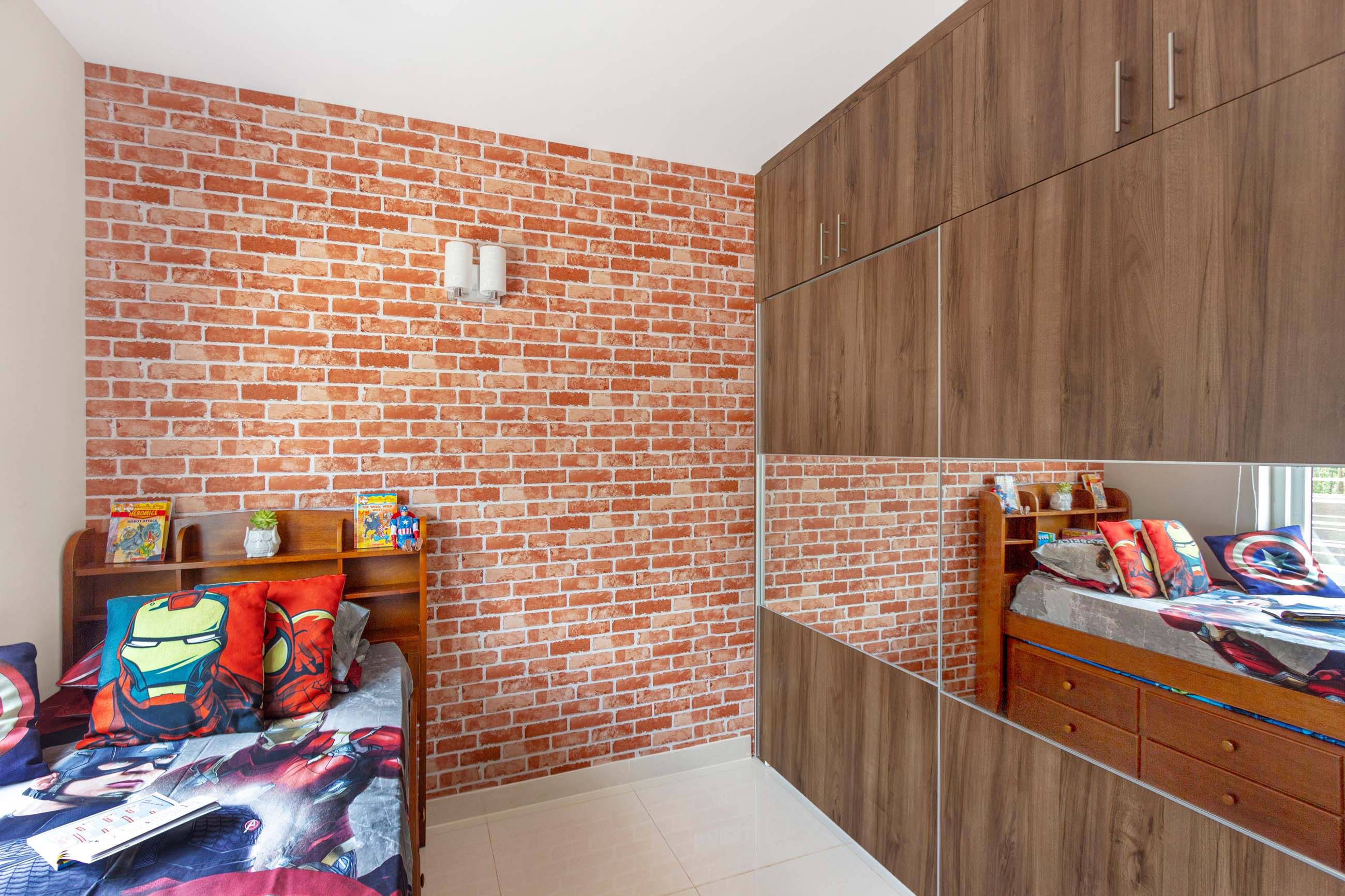 Industrial Boys Room Design With Red Brick Wall And Wooden Wardrobe