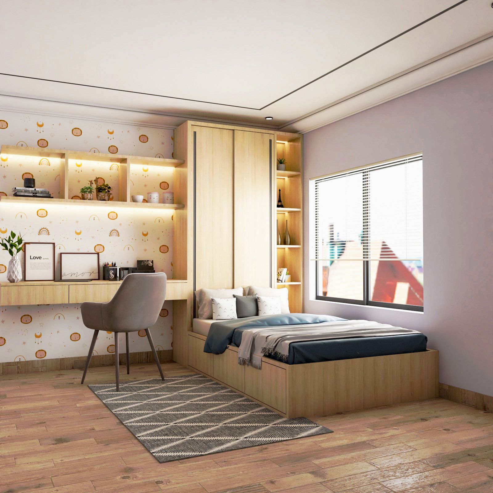 Scandinavian Wooden Kids Bedroom Design With Animal-Themed Wallpaper