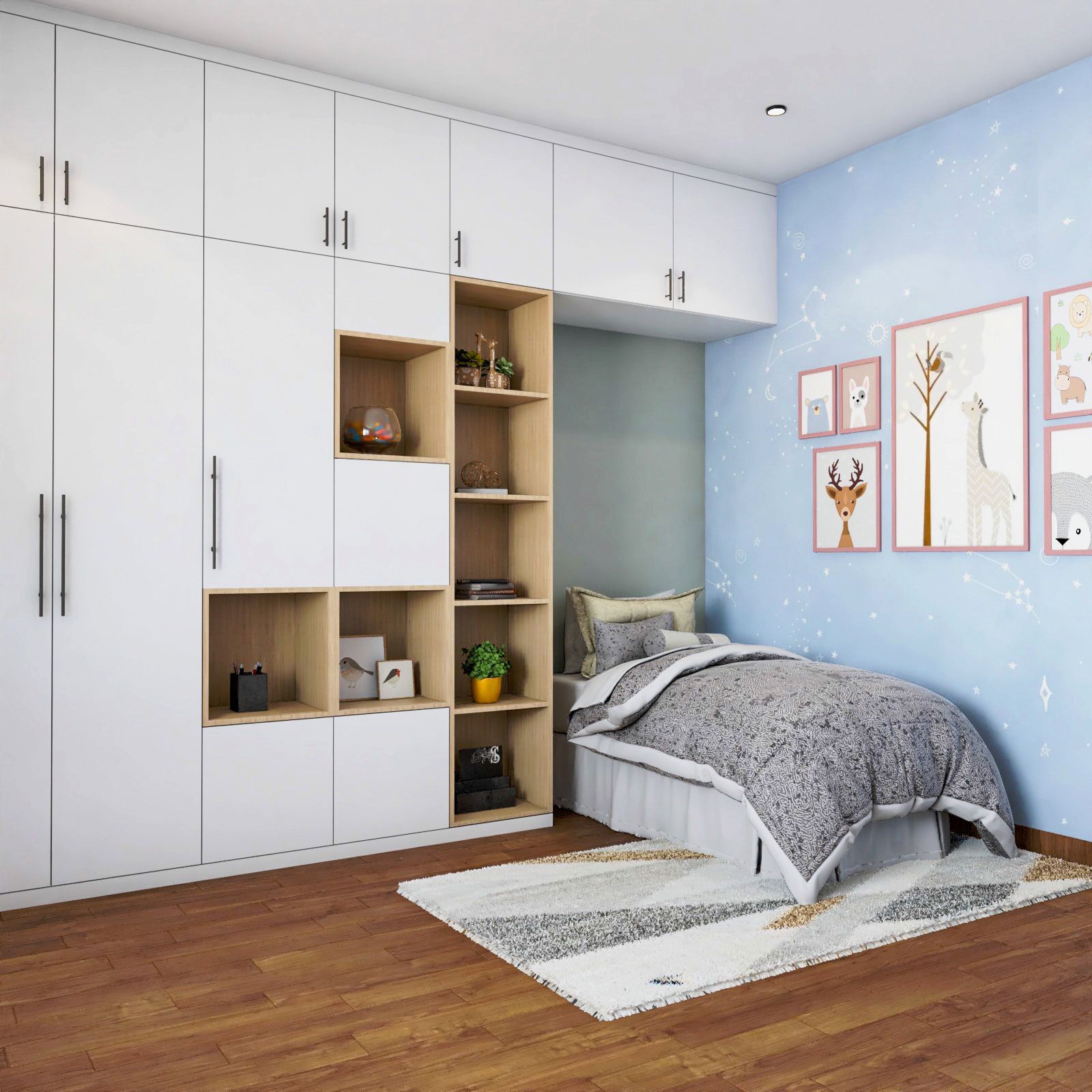 Scandinavian Kids Room Design With White 4-Door Swing Wardrobe