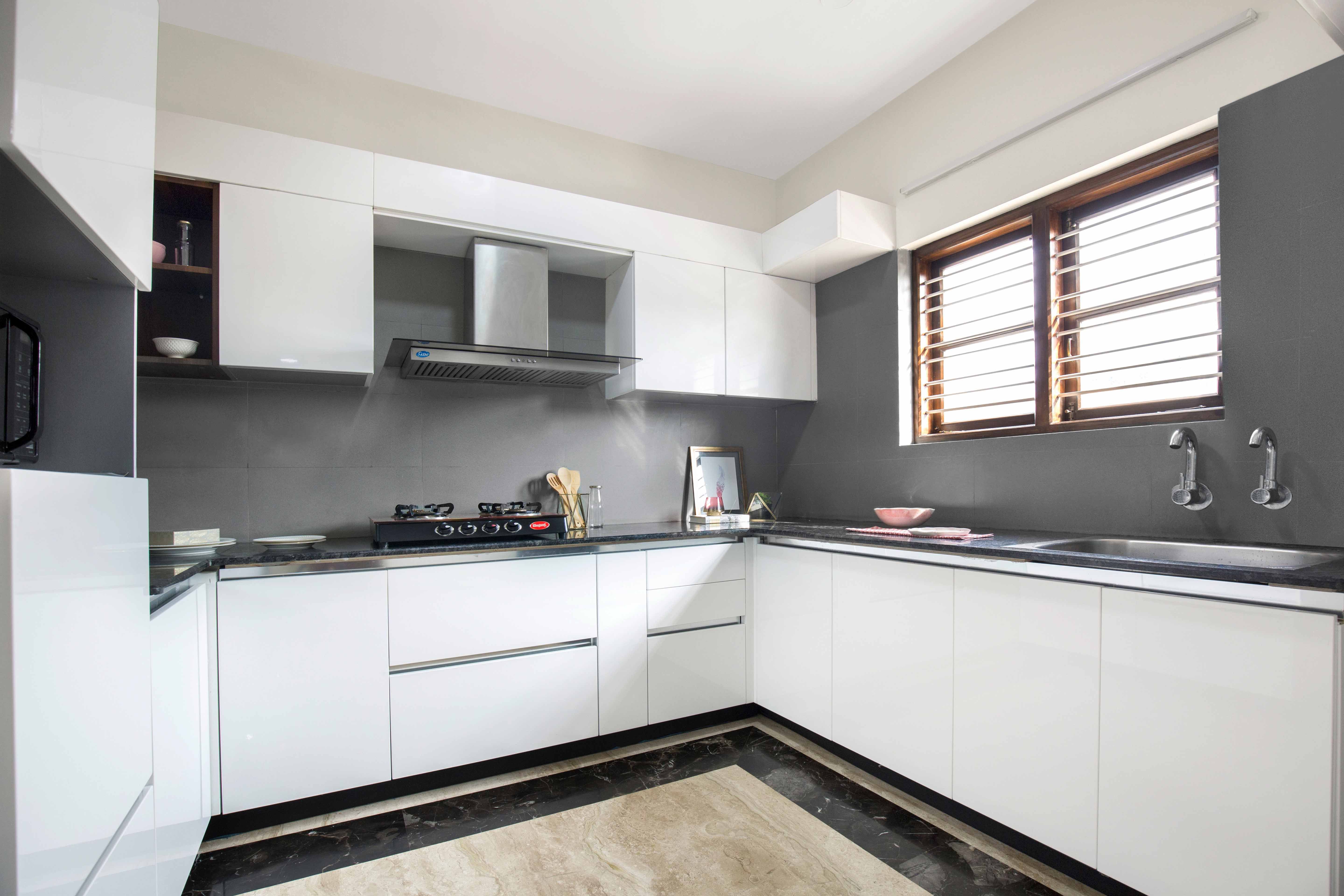 Minimal Modular U-Shaped Kitchen Cabinet Design In White With Grey Backplash