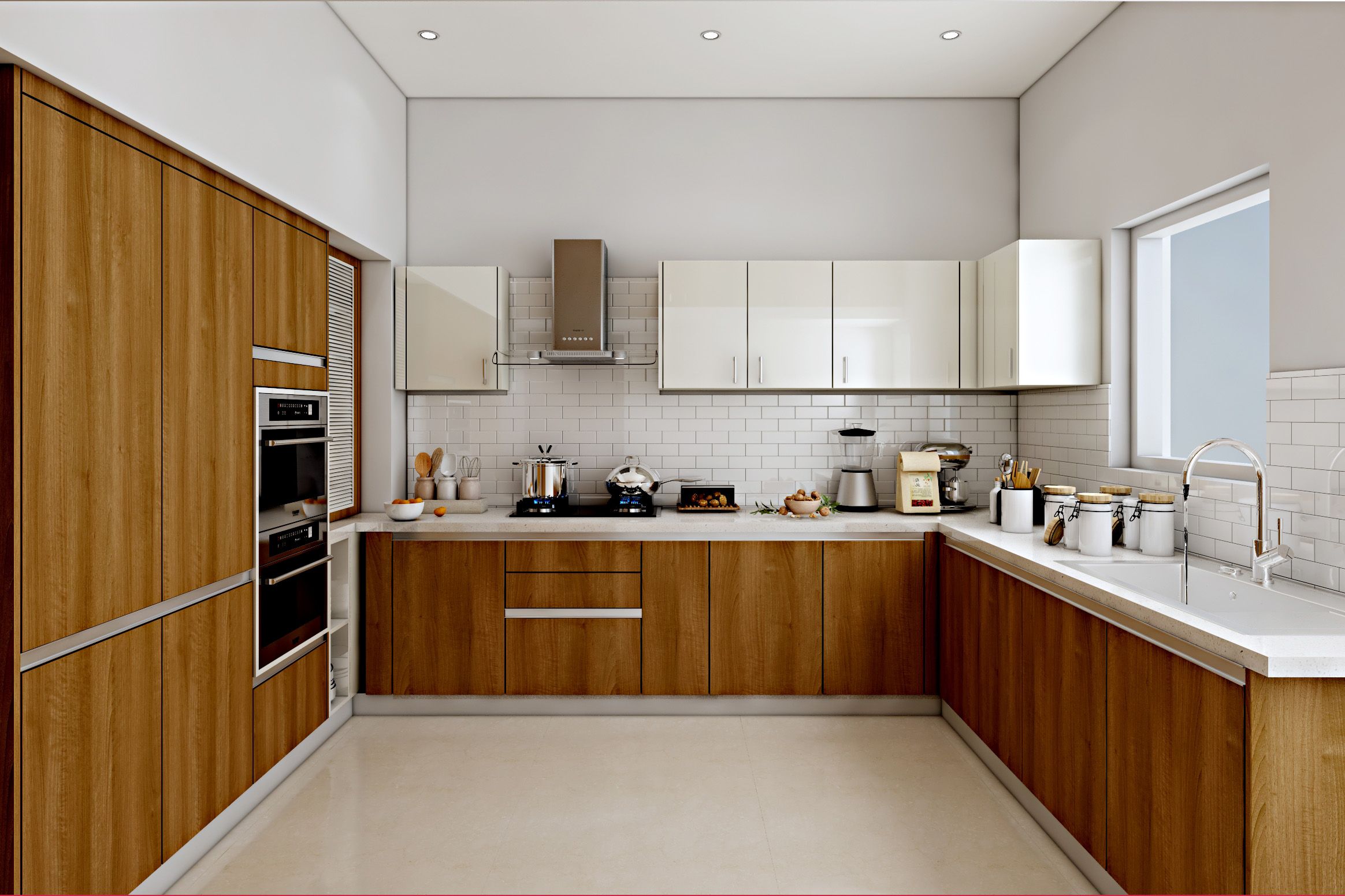 Classic Wood And White U-Shaped Modular Kitchen Design With White Brick Backsplash