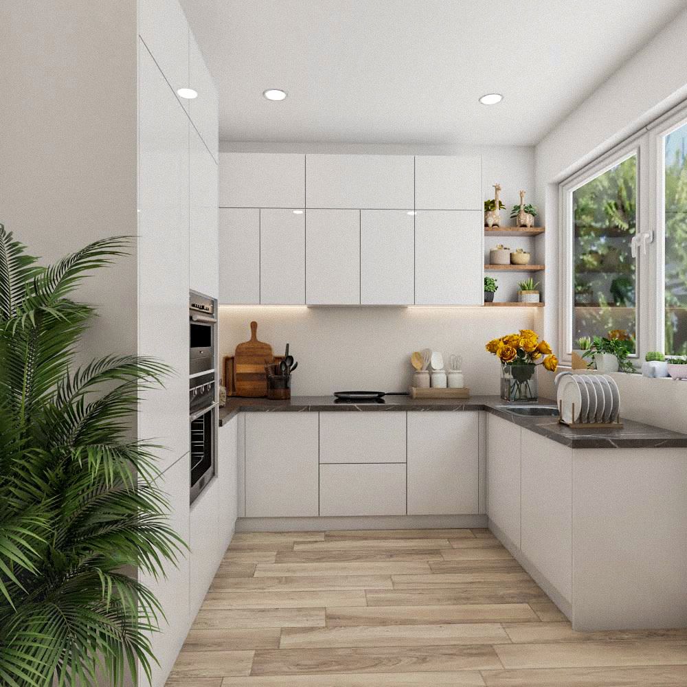Minimalistic White U-Shaped Modular Kitchen Design With Wooden Flooring