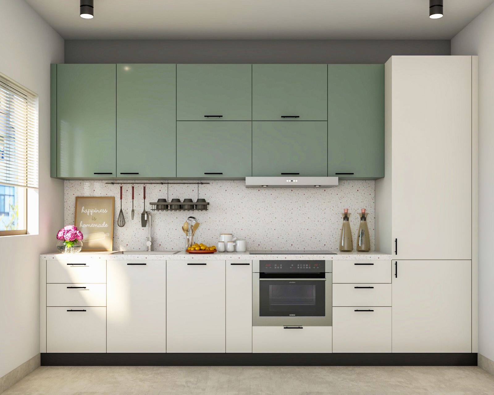 Modern Modular Open Kitchen Design With Green And White Cabinets