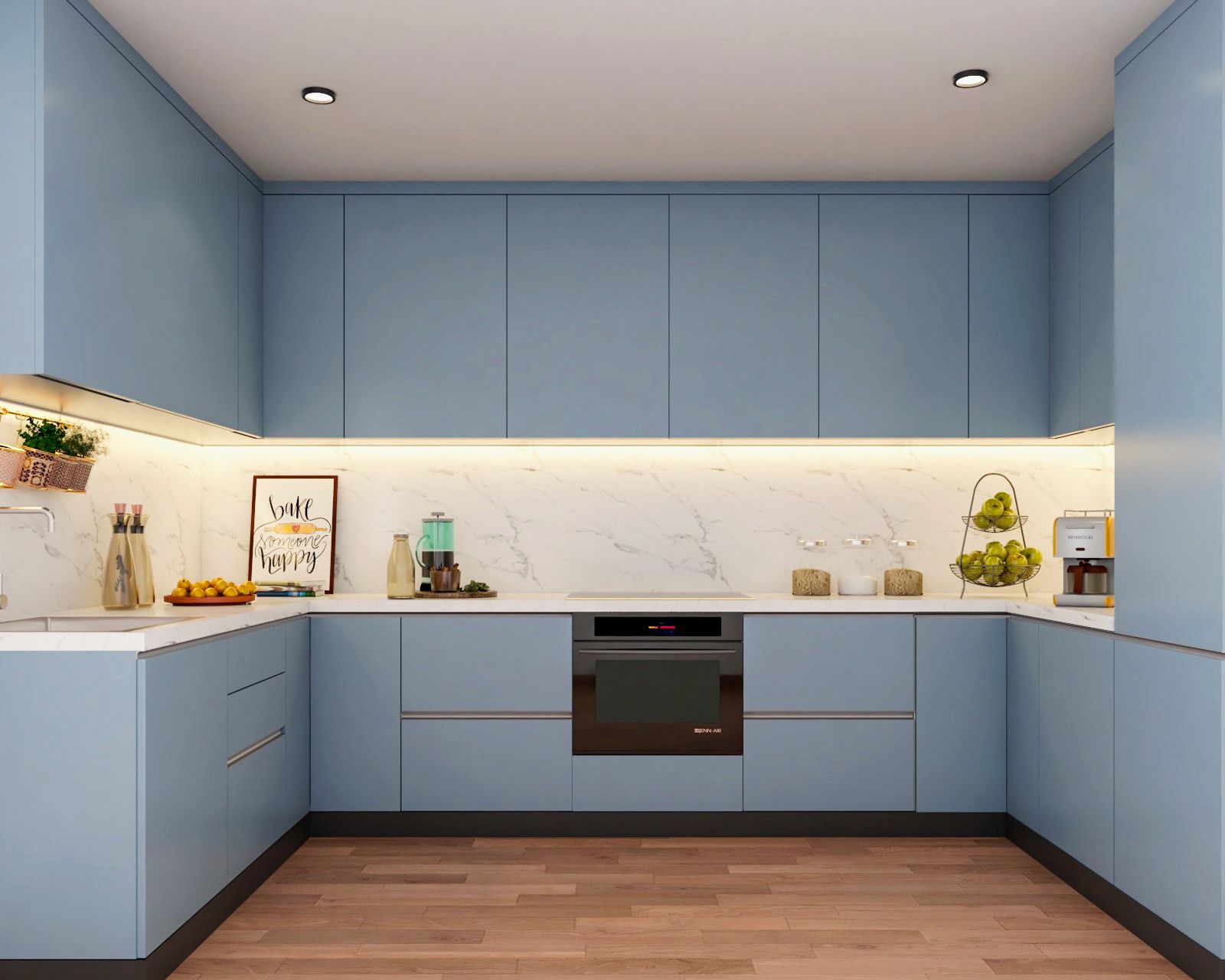 Modern Modular Blue U-Shaped Kitchen Design With White Marble Backsplash