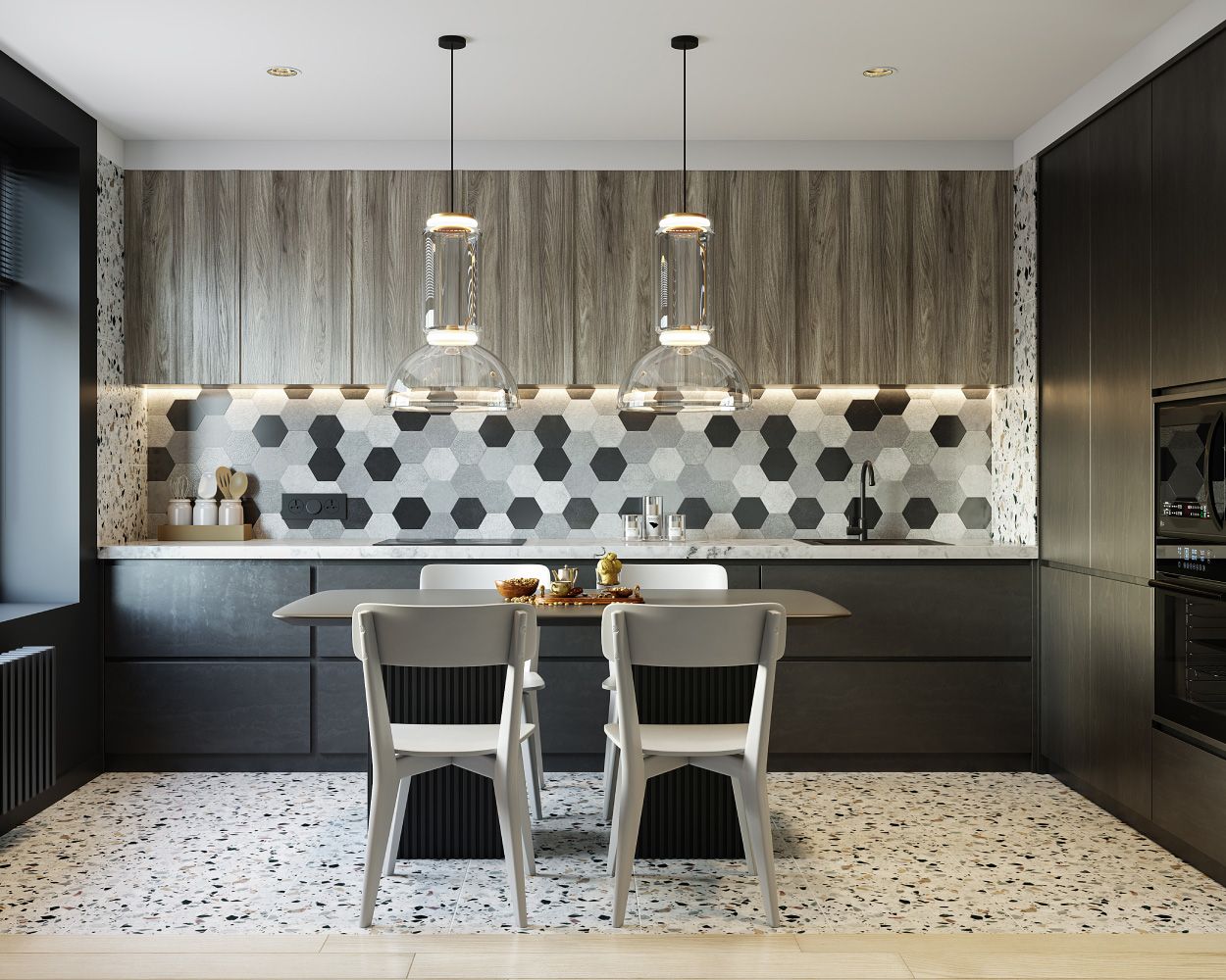 Modern Wood And Black Open Kitchen Design With Tri-Toned Hexagonal Kitchen Backsplash