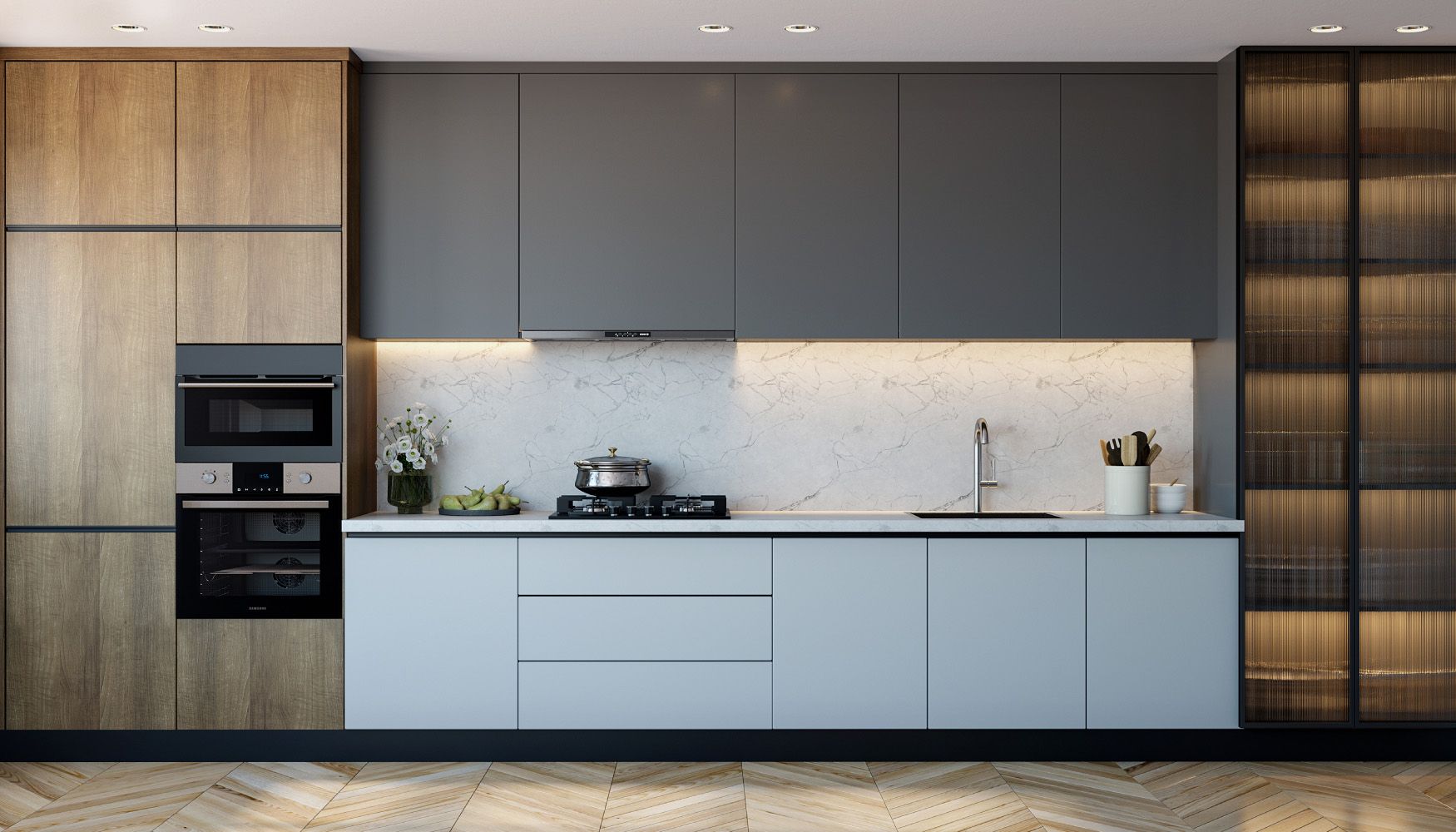 Modern Modular Blue And Grey Open Kitchen Design With Wooden Storage Units