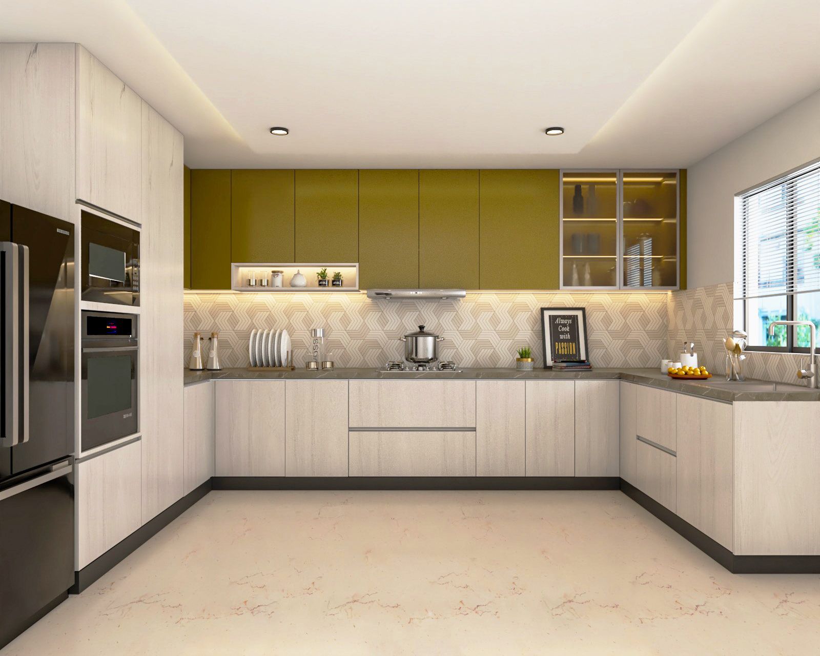Contemporary Modular Green And Wood U-Shaped Kitchen Design With Abstract Backsplash