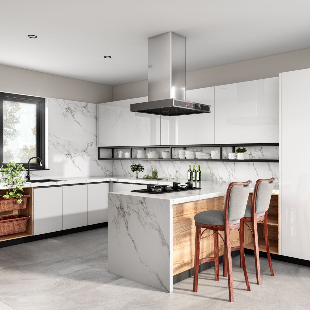 Modern Modular Metallic white U-Shaped Kitchen Design With Breakfast Counter