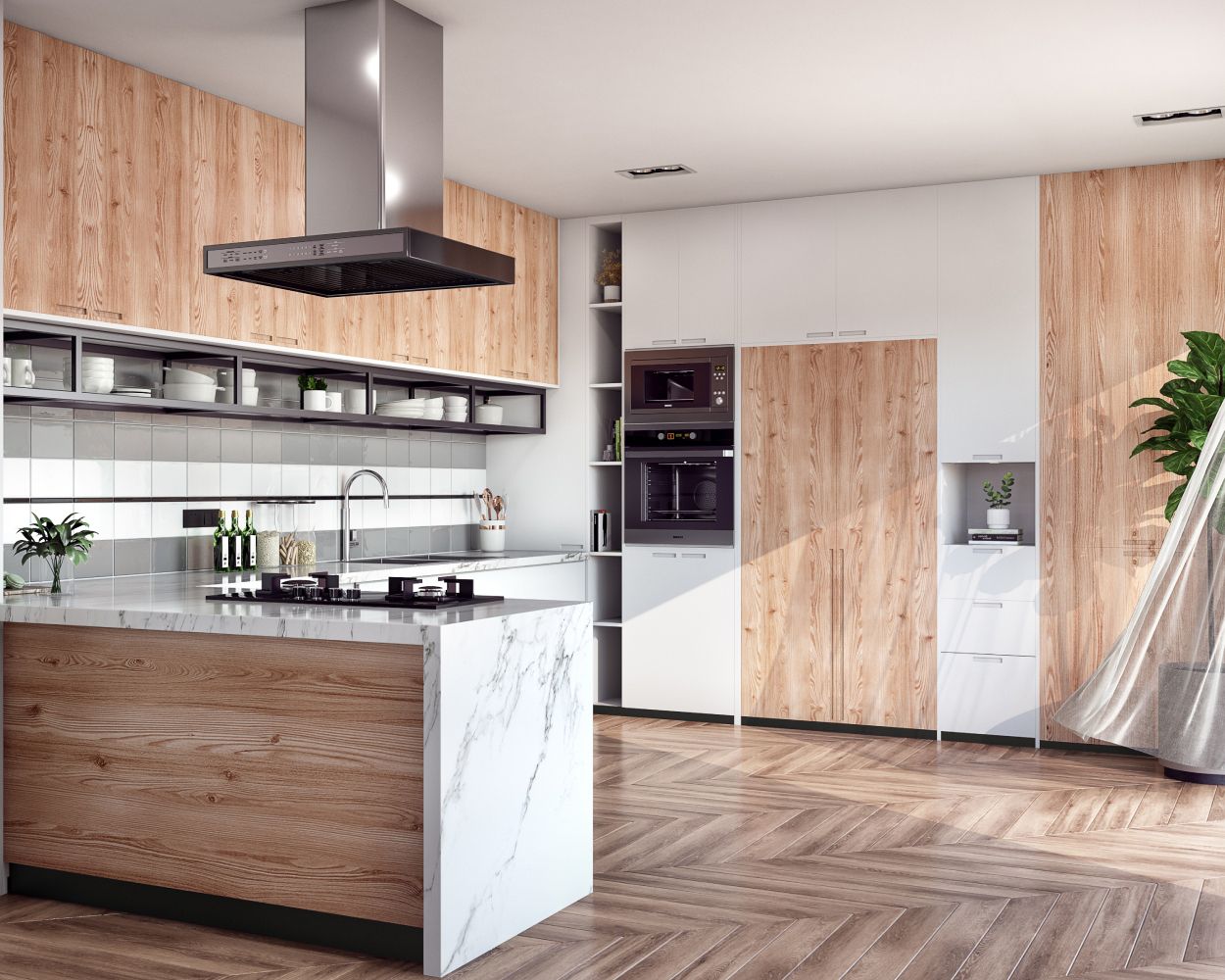 Contemporary White And Wood Modular U-Shaped Kitchen Design With Quartz Kitchen Countertop