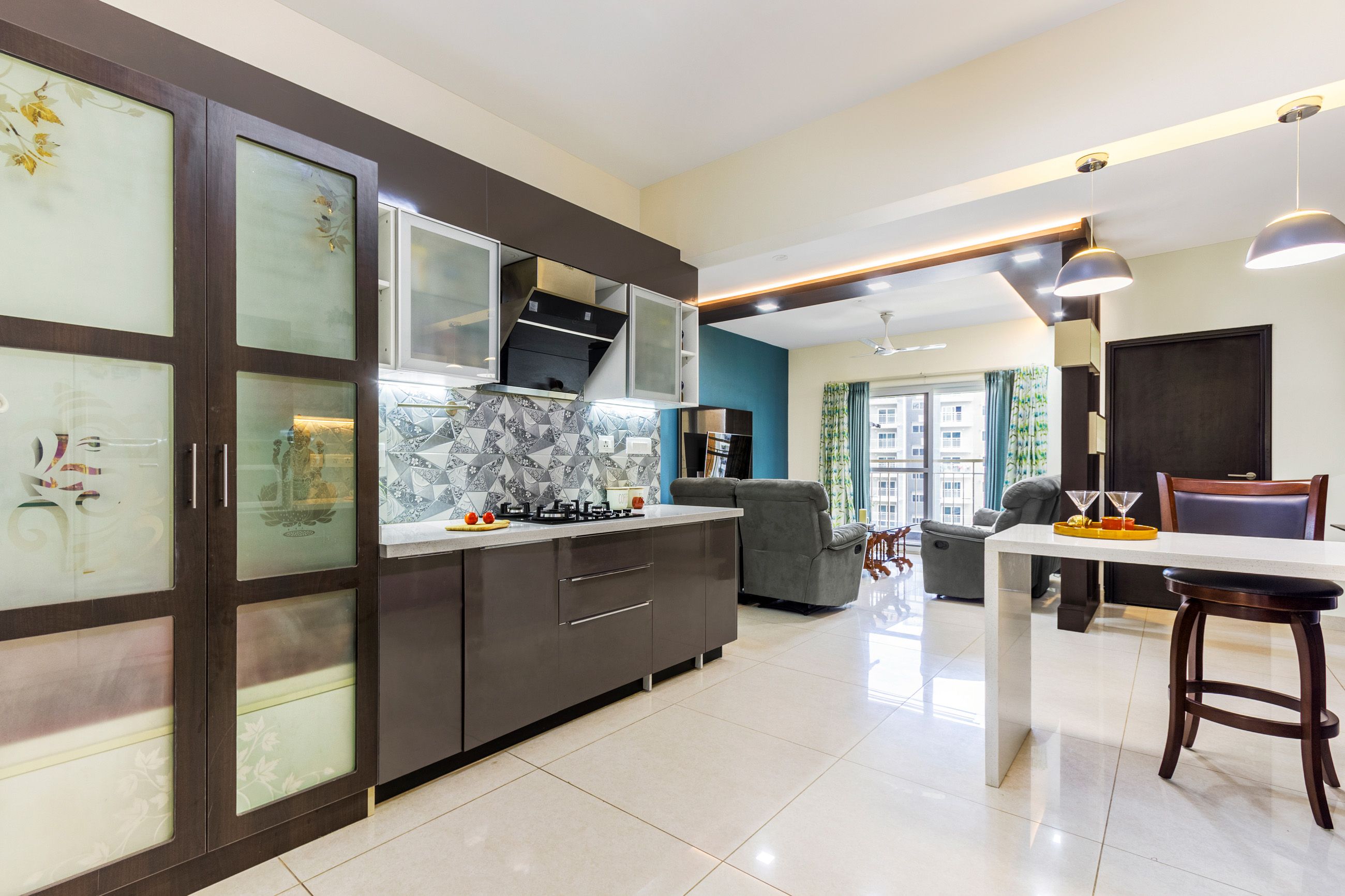 Modern Gothic Grey India Kitchen Cabinet Design With Abstract Geometric Backsplash