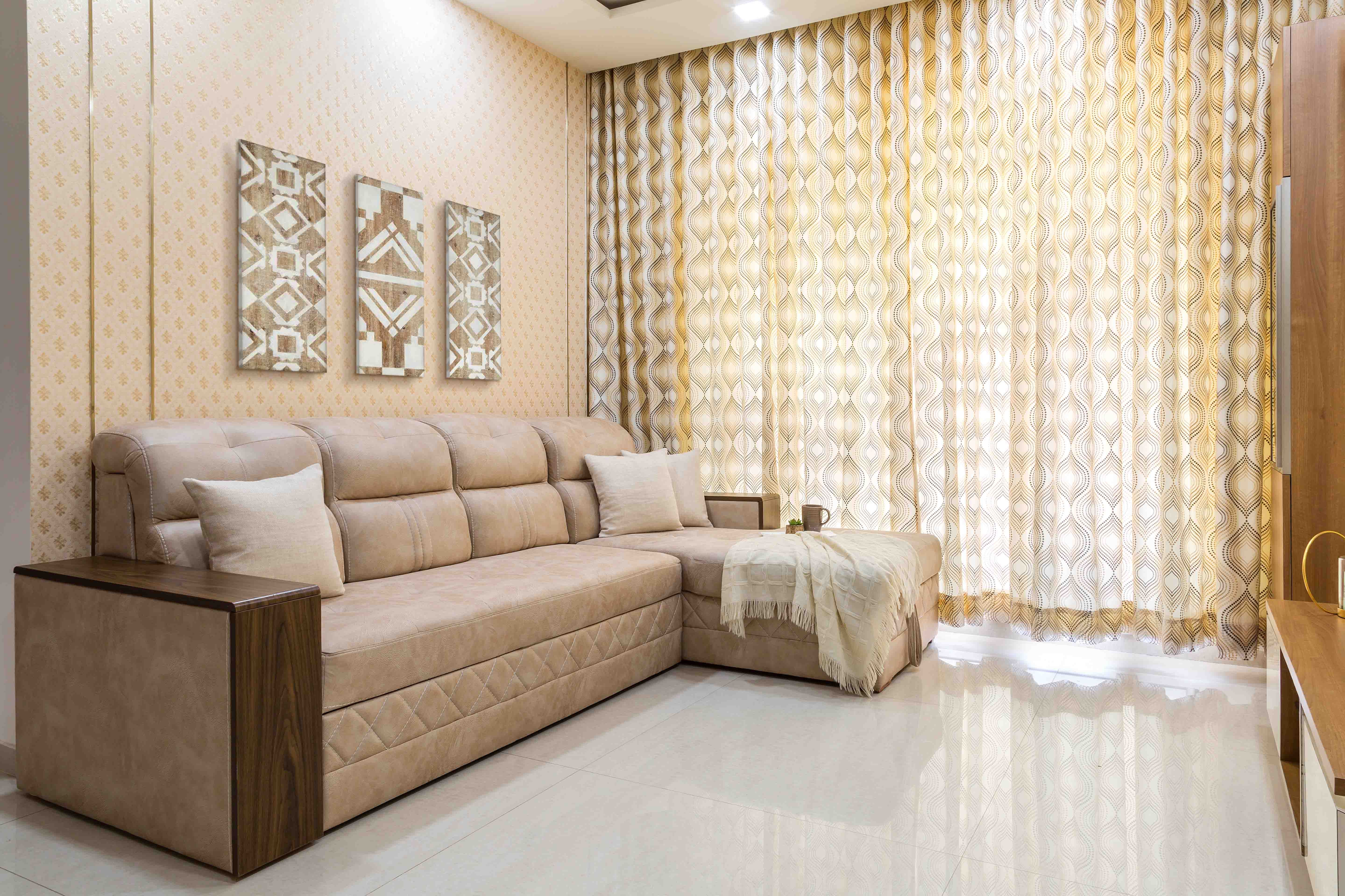 Modern Beige Living Room Design With Beige Patterned Wallpaper And Sectional Sofa