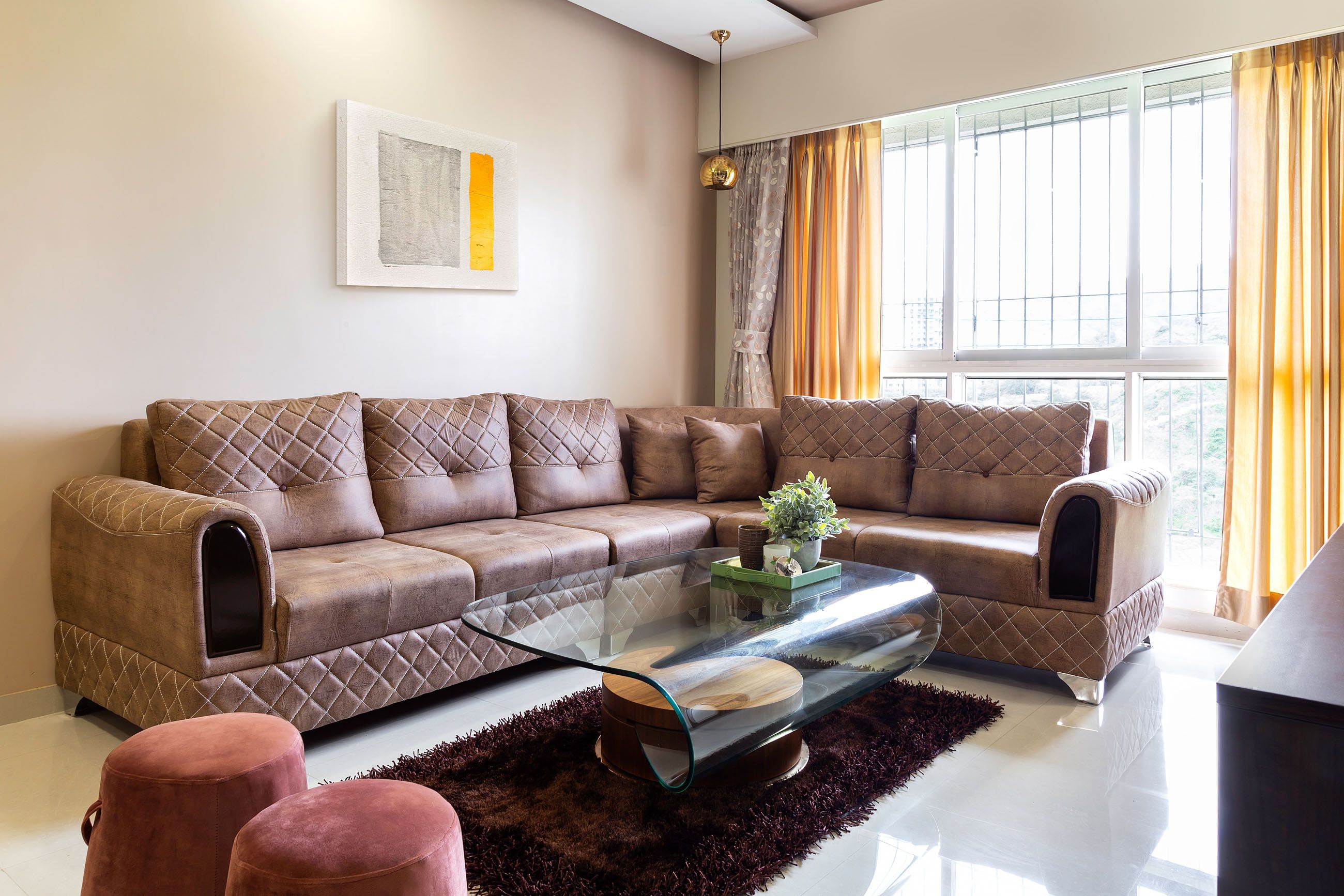 Contemporary Living Room Design With L Shaped Light Brown Leather Sofa