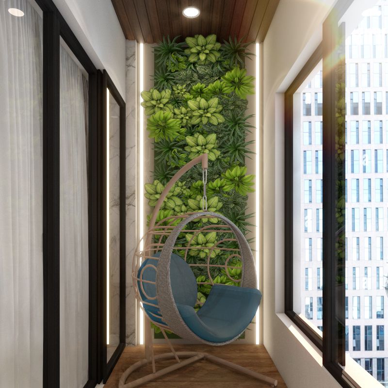 Compact Wooden Balcony Design With Vibrant Green Vertical Wall Garden ...