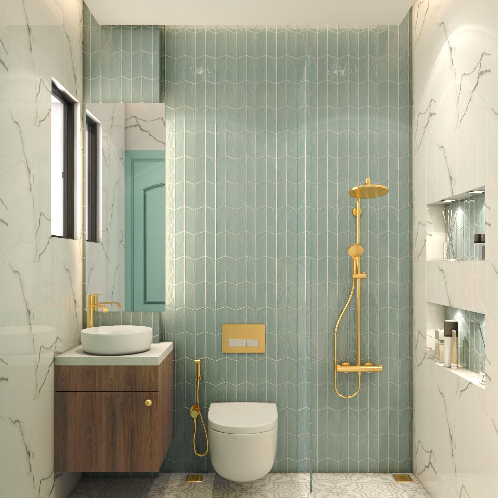 Contemporary Small Bathroom Design With Wooden Vanity Unit And Quartz Bathroom Countertop
