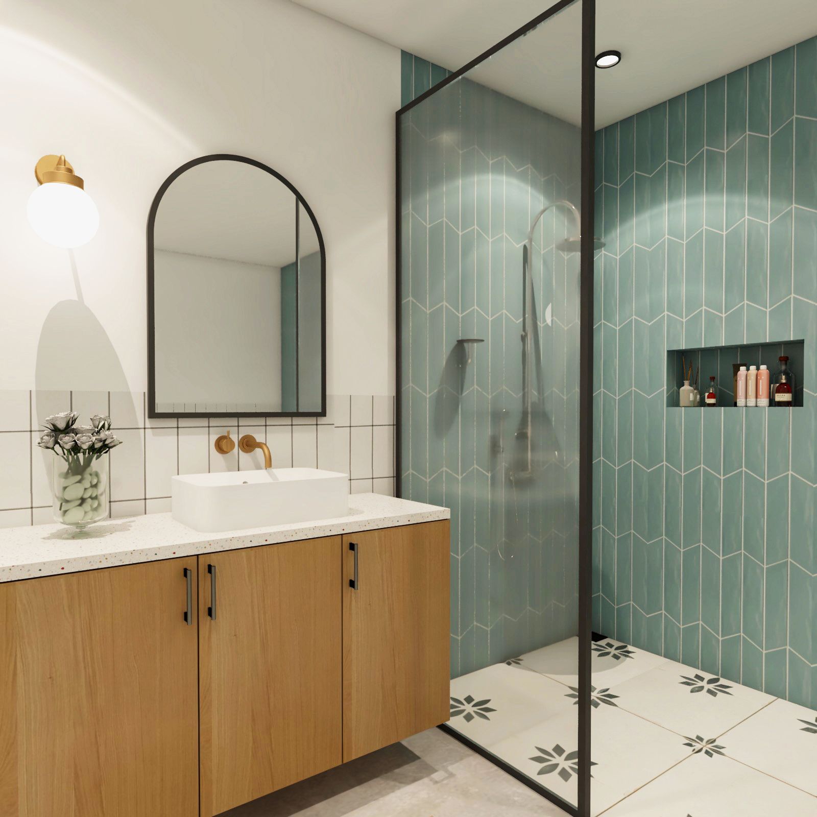 Contemporary White And Sea Green Small Bathroom Designs With White Corian Bathroom Countertop