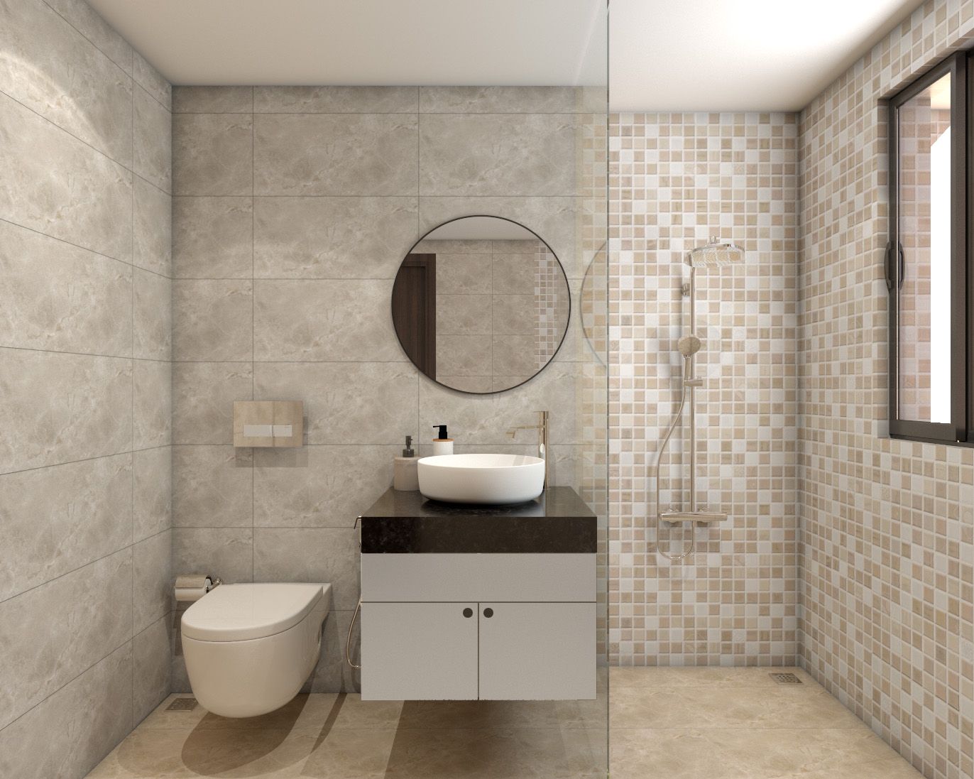 Contemporary Neutral-Toned Bathroom Design With Granite Bathroom Countertop And Dual Walls