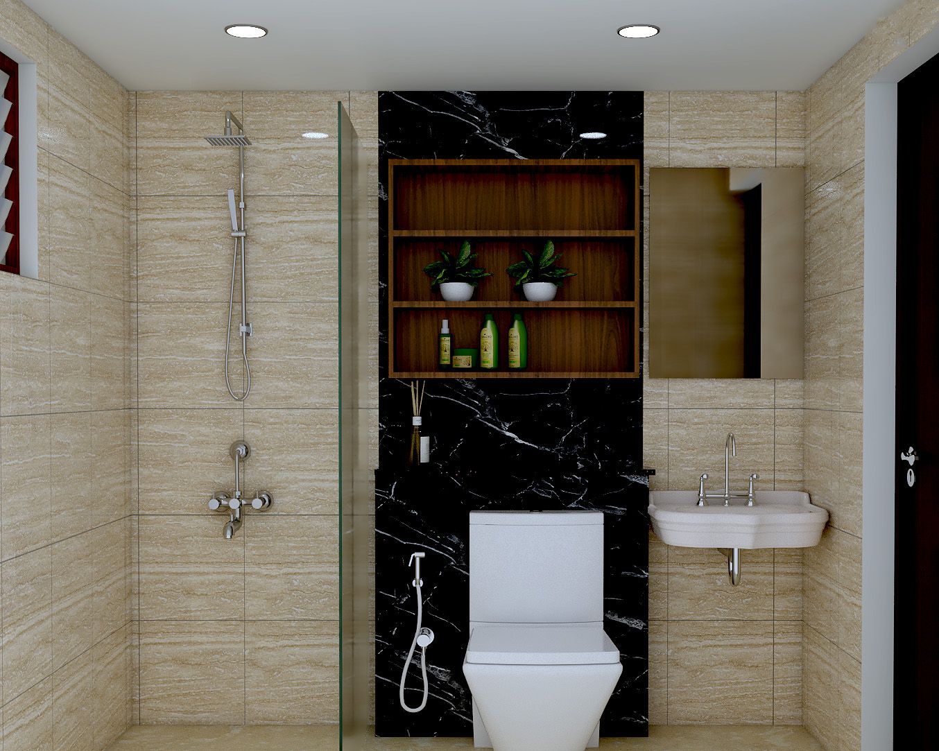 Contemporary Beige Bathroom Design With Black WC Wall Panel