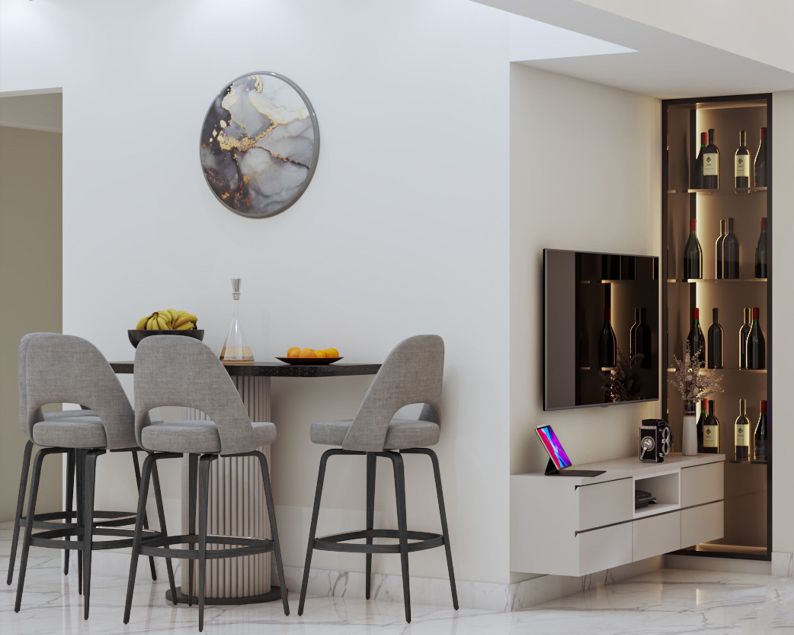 Contemporary 4-Seater Dining Room Design With Grey High Chairs