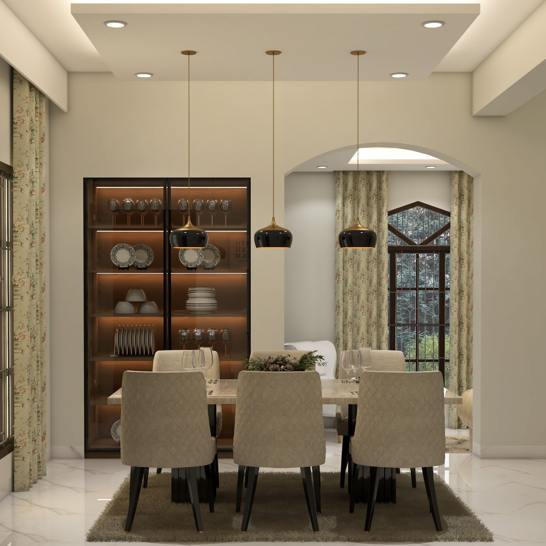 Contemporary Glossy 6-Seater Beige Dining Room Design With Black Pendant Lights