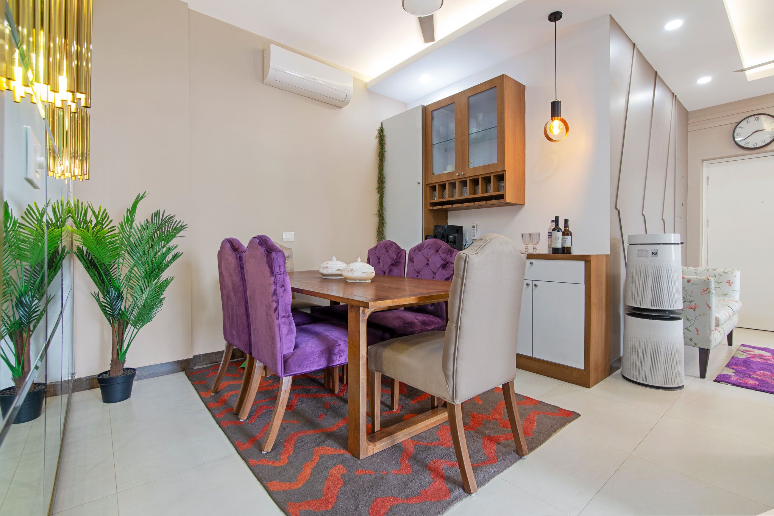 Contemporary 6-Seater Wooden Dining Room Design With Beige And Purple Chairs