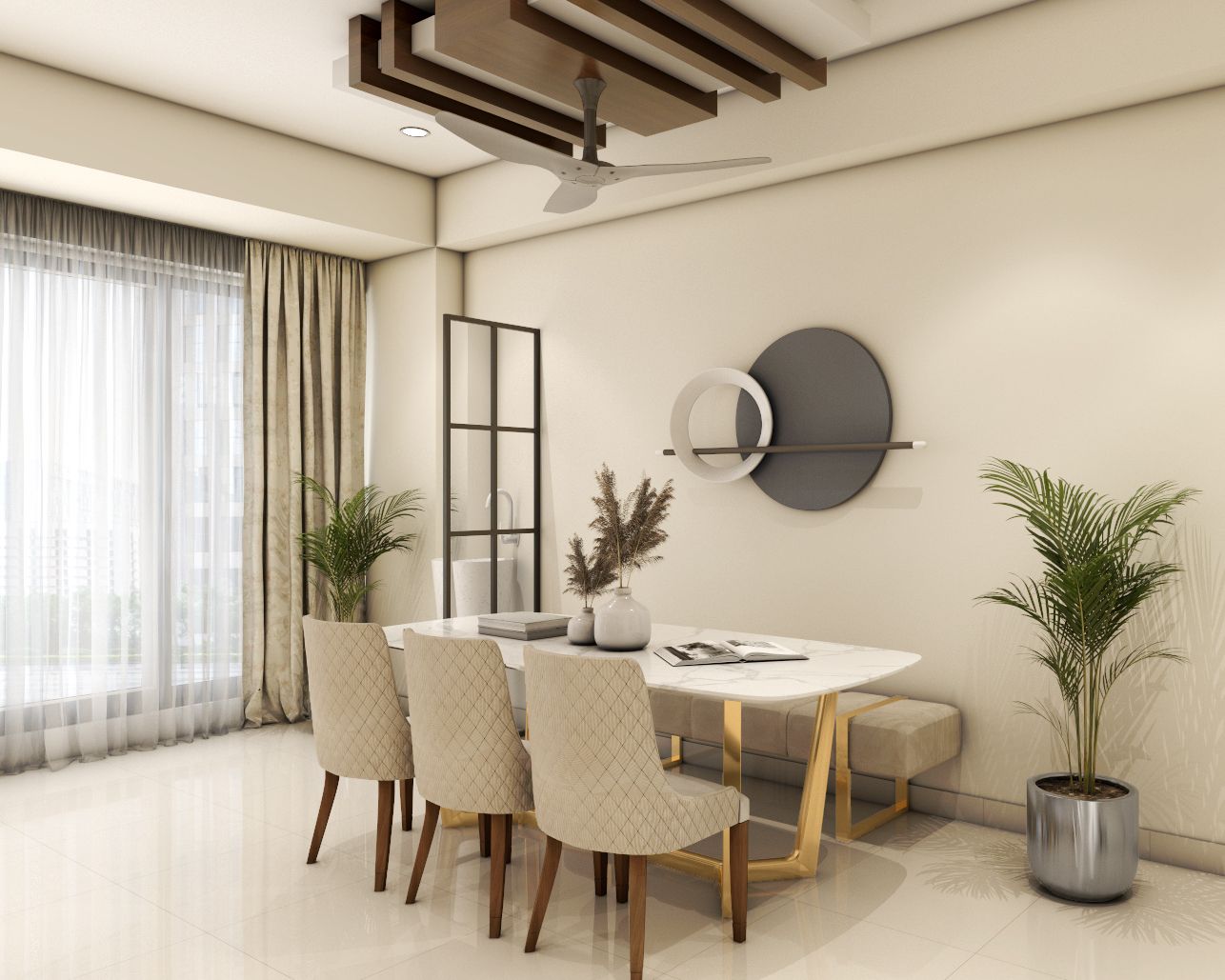 Contemporary 3-Seater Beige And White Dining Room Design With Glass Partition