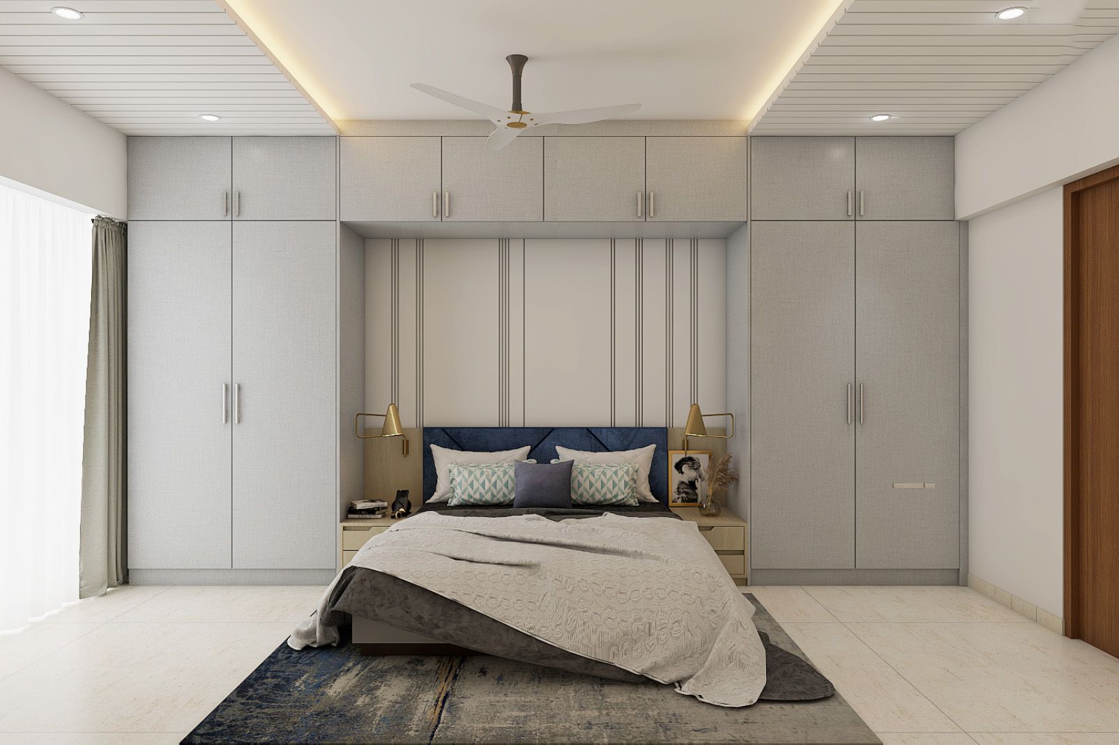 Contemporary White Parallel Bedroom False Ceiling Design With Panels