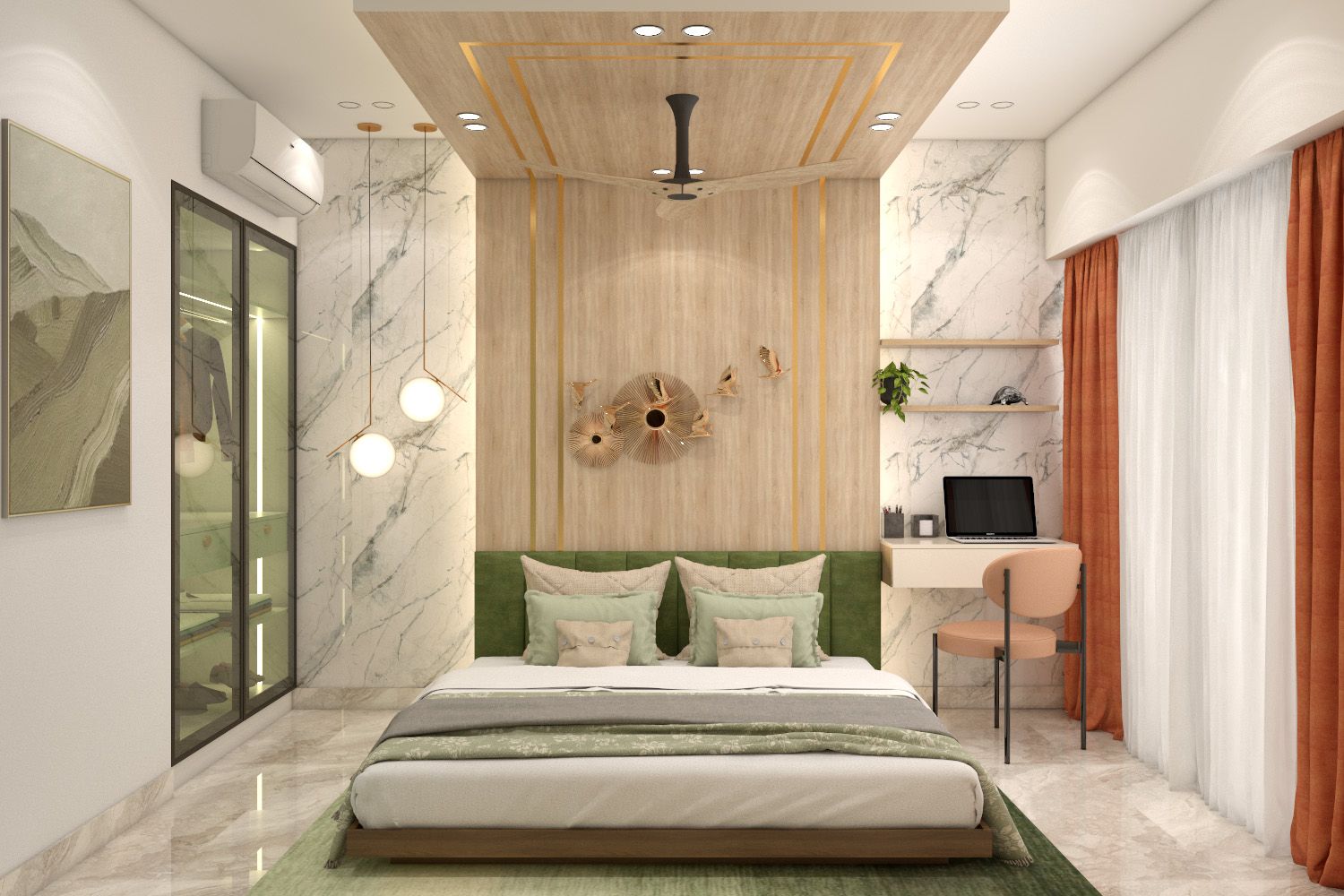 Contemporary Floor-To-Ceiling Bedroom False Ceiling Design With Wooden Panel