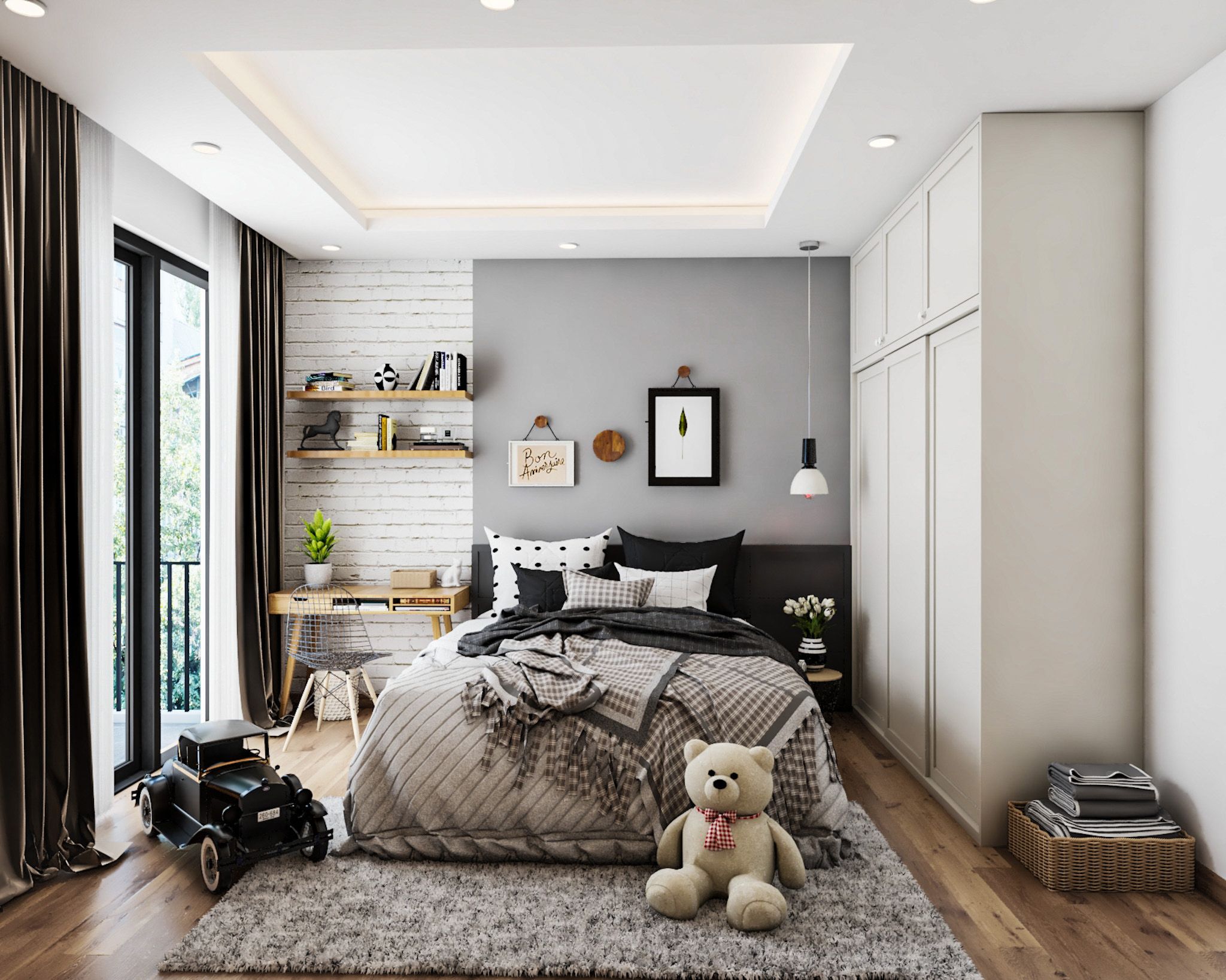 Modern Grey And White Boys Room Design With 3-Door Sliding Wardrobe