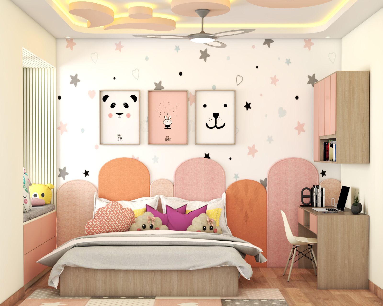 Contemporary Kids Room Design For Girls WIth POP False Ceiling