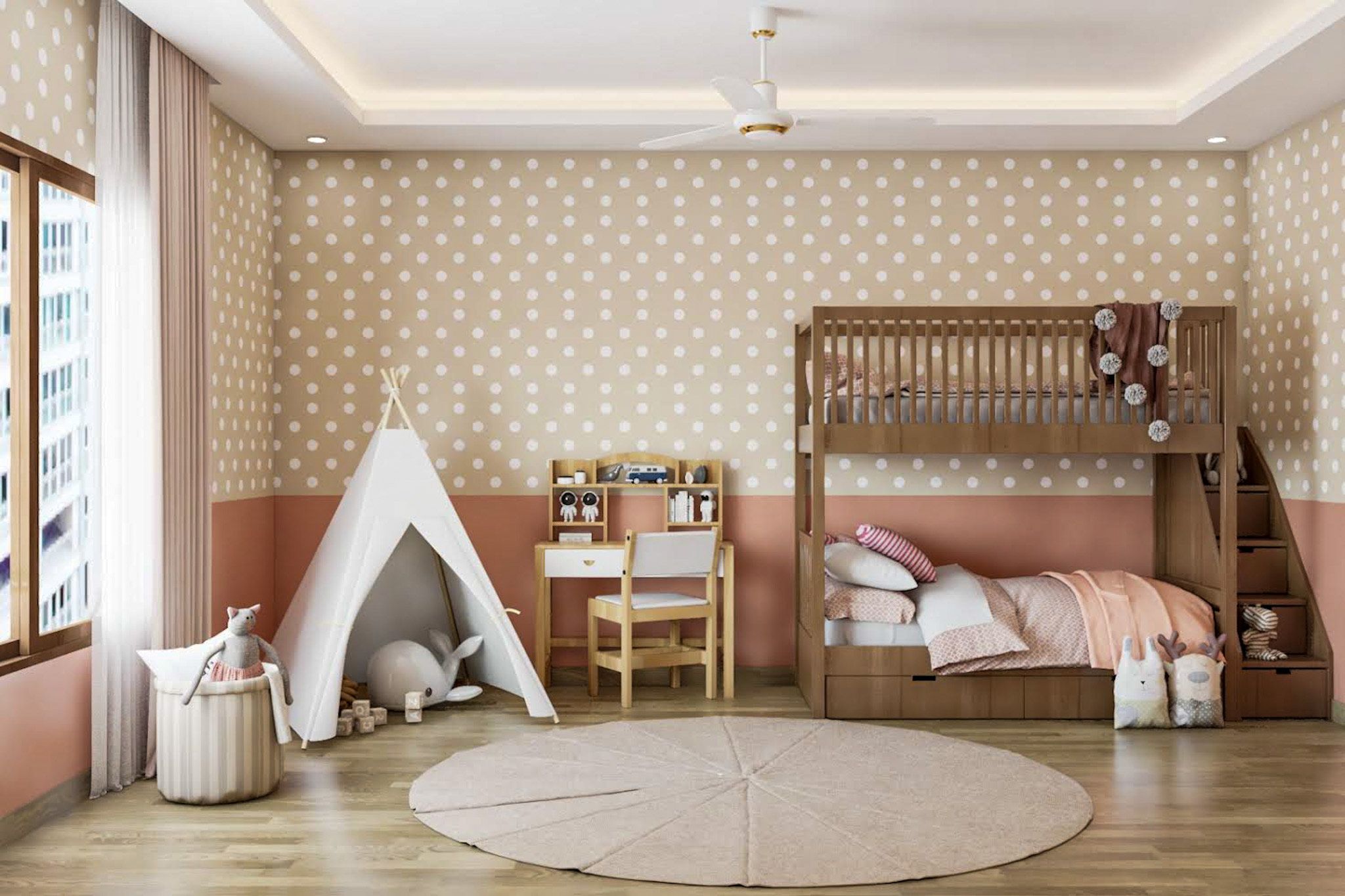 Contemporary Kids Room Design WIth Wooden Bunk Bed And White Tipi