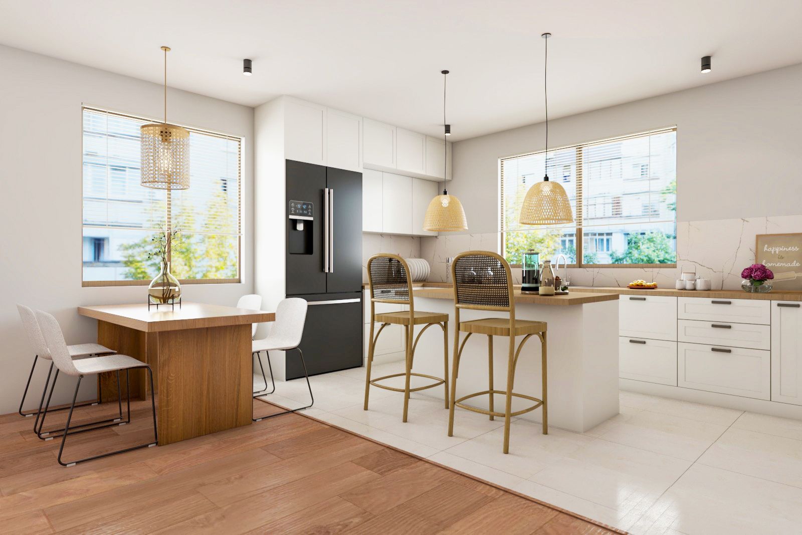 Scandinavian Modular Off-White And Wood Island Kitchen Design With Dual Flooring