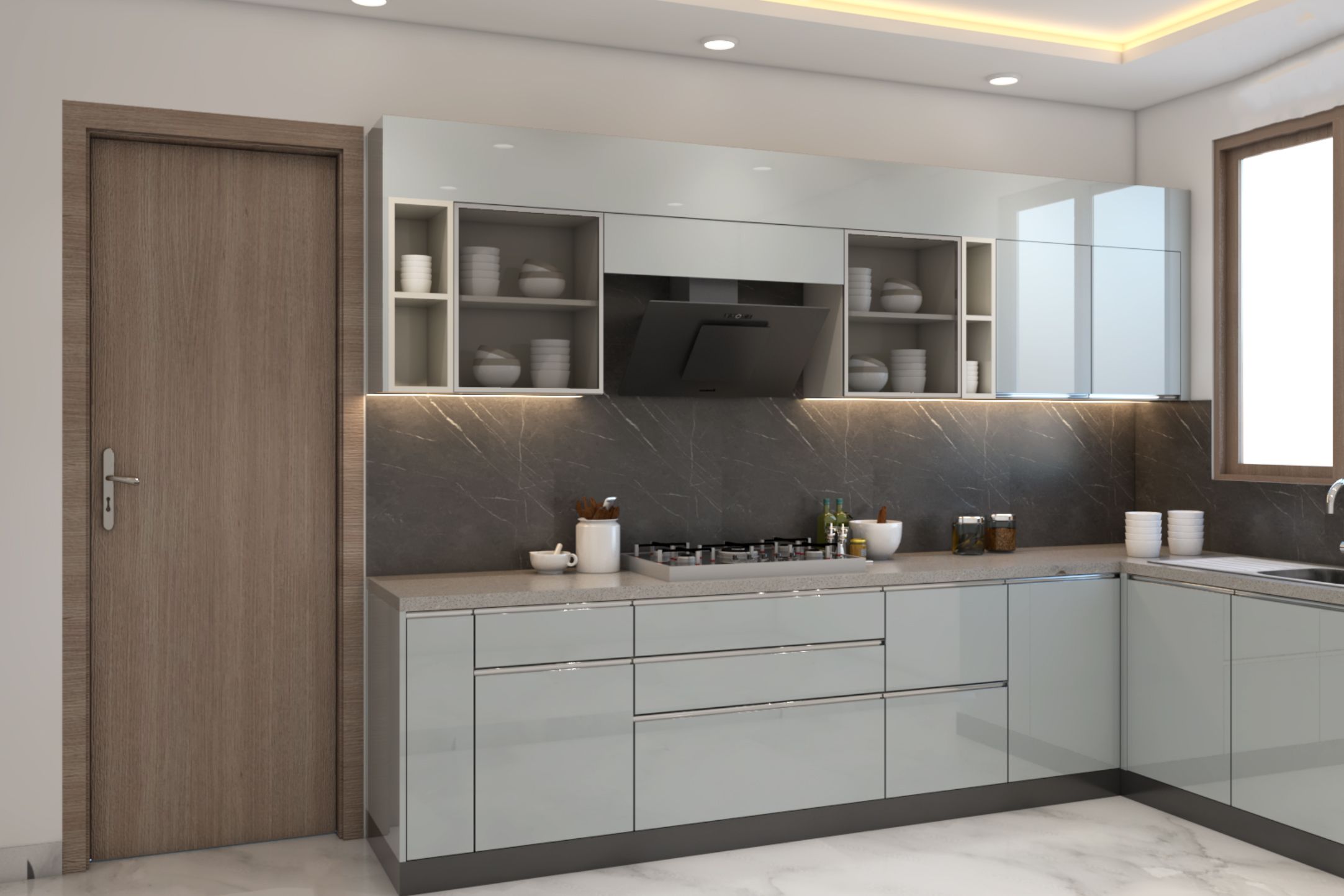 Modular Modern Metallic Silver U-Shaped Kitchen Design With A High-Gloss Finish