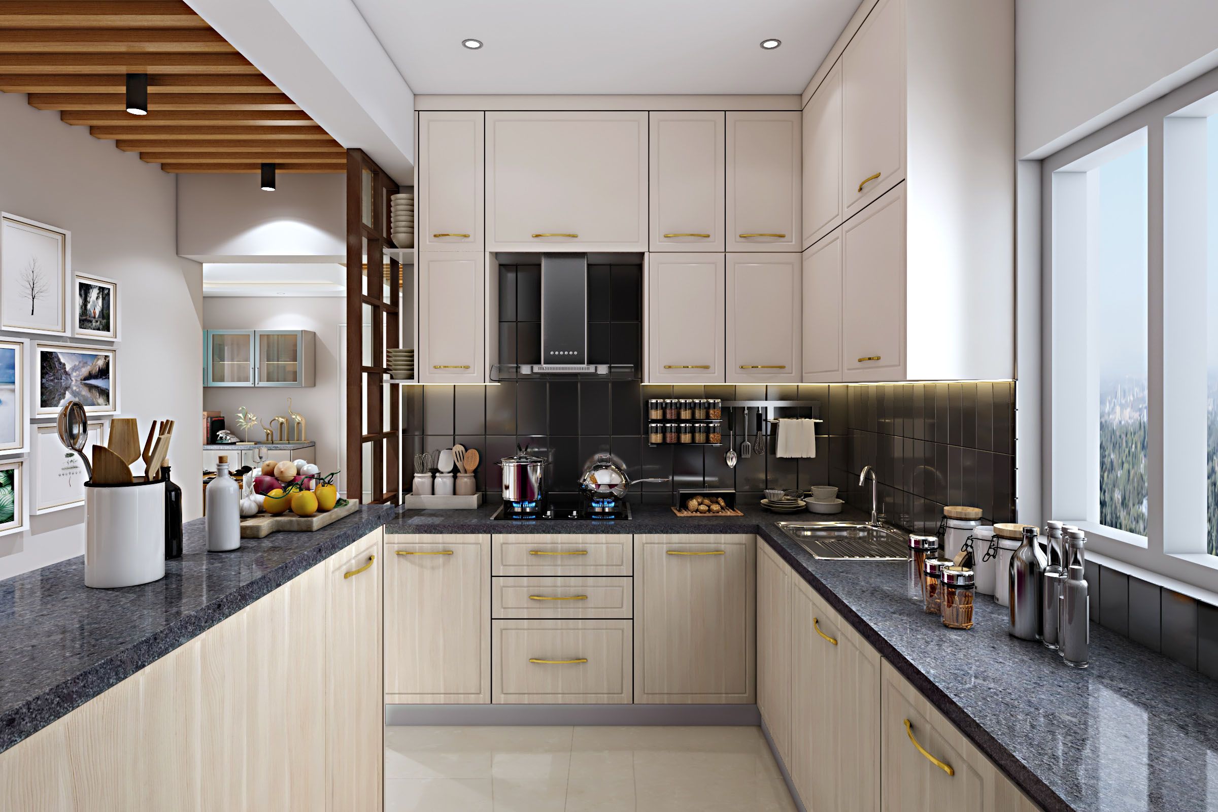 Modern Light Wood Indian Kitchen Design With Granite Kitchen Countertop
