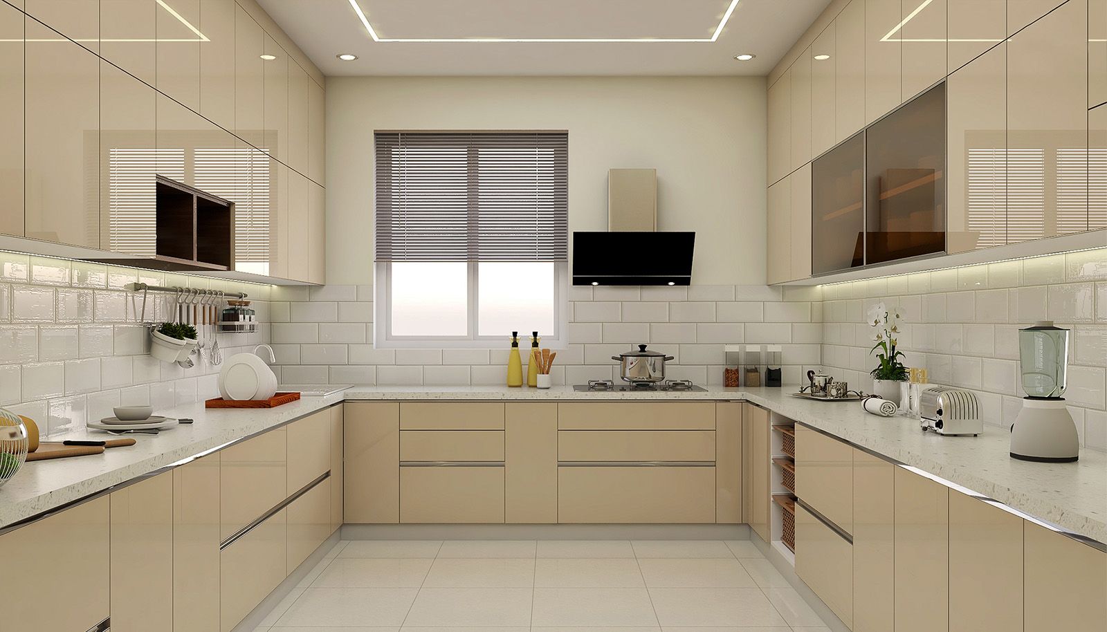 Modern Irish Cappuccino Modular U-Shaped Kitchen Design With High-Gloss Finish
