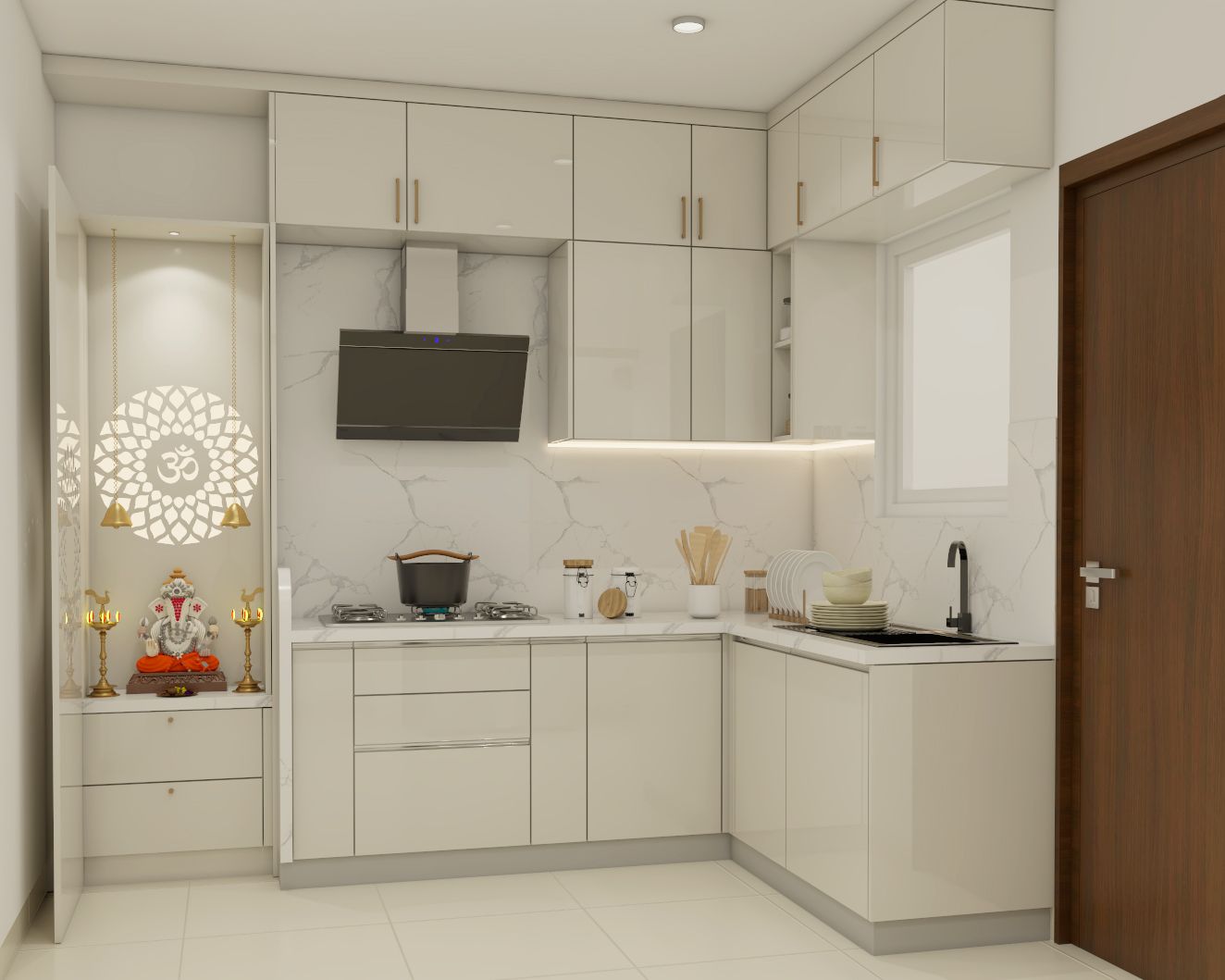Contemporary Modular Frosty White L-Shaped Kitchen Design With Integrated Mandir Unit