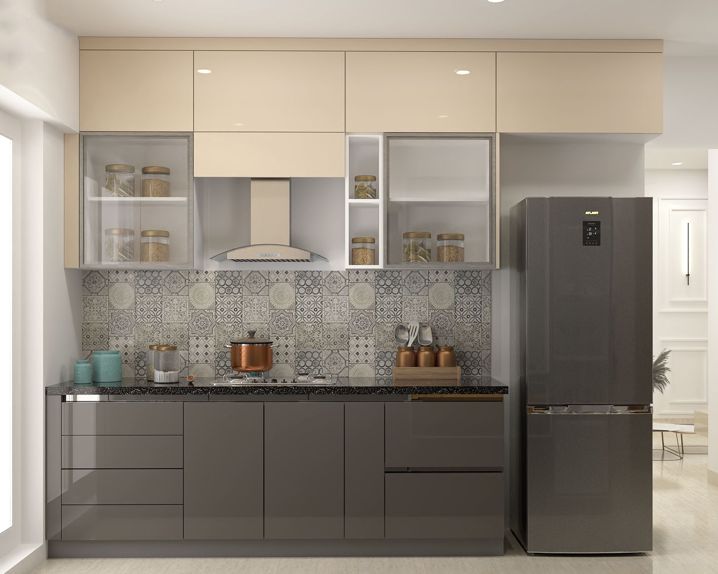 Contemporary Modular Grey And Champagne-Toned Parallel Kitchen Design With Moroccan Backsplash