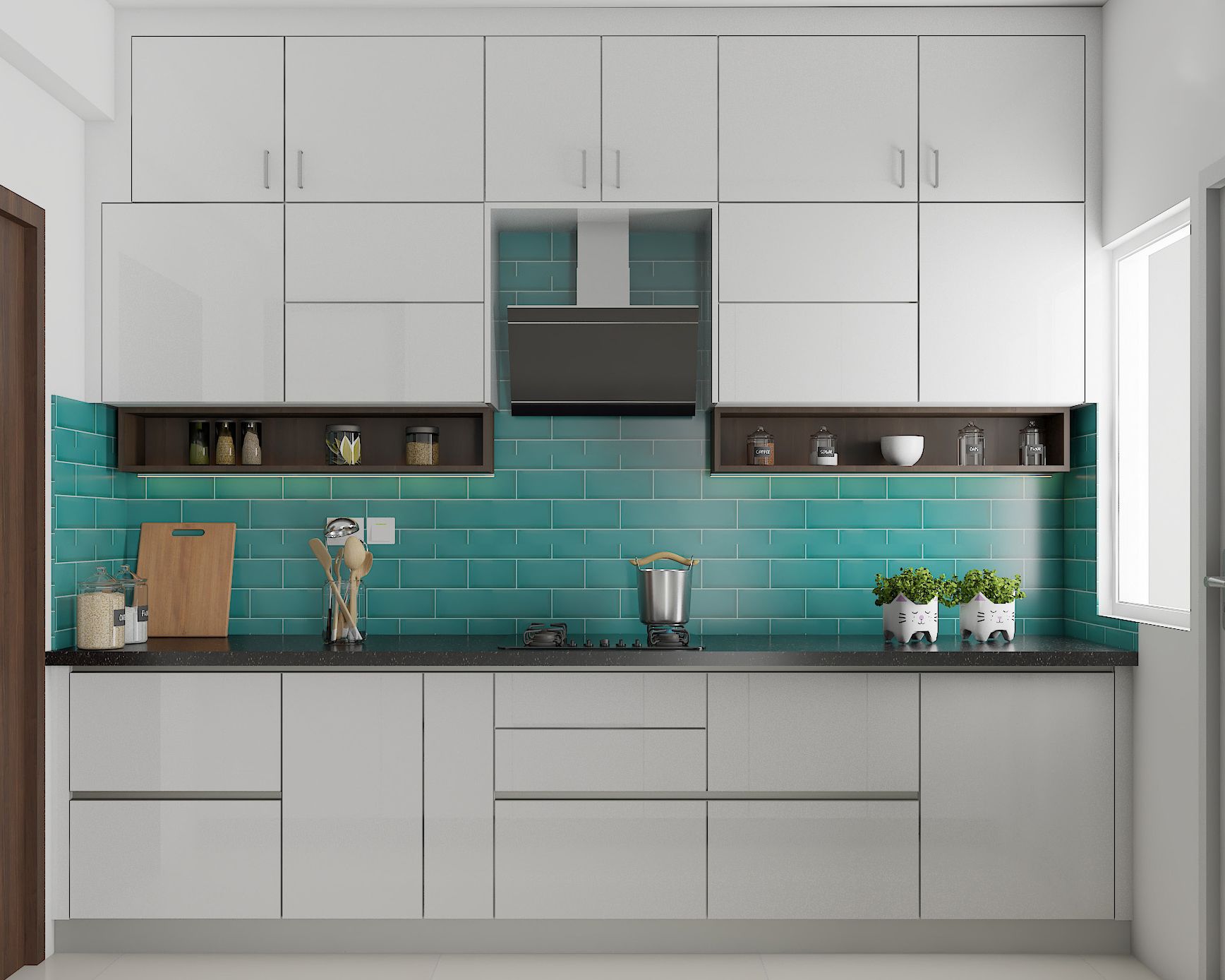 Contemporary White And Turquoise Parallel Kitchen Design With Subway Patterned Dado Tiles