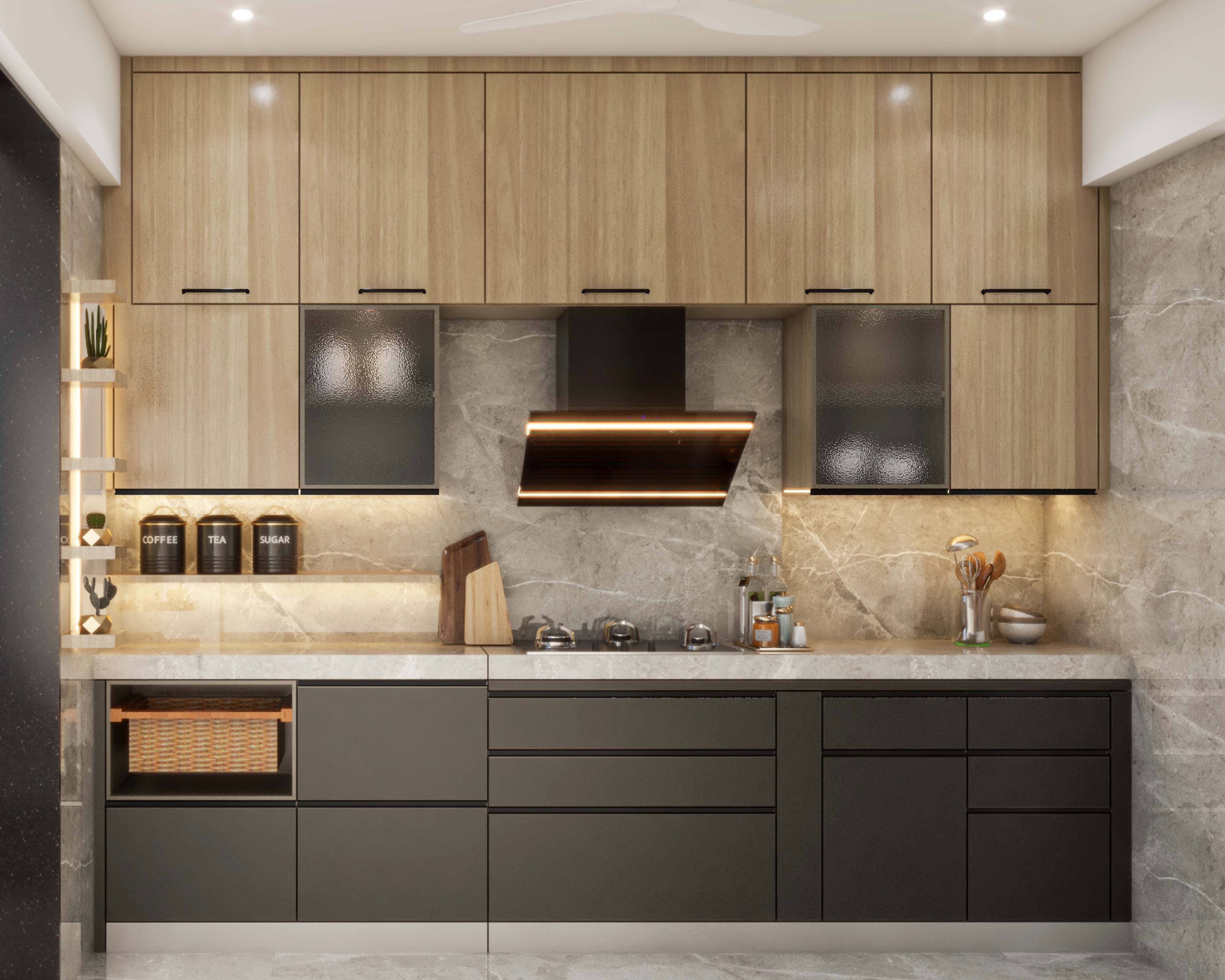 Modular Contemporary Wood And Grey Parallel Kitchen Design With Grey Marble Kitchen Backsplash