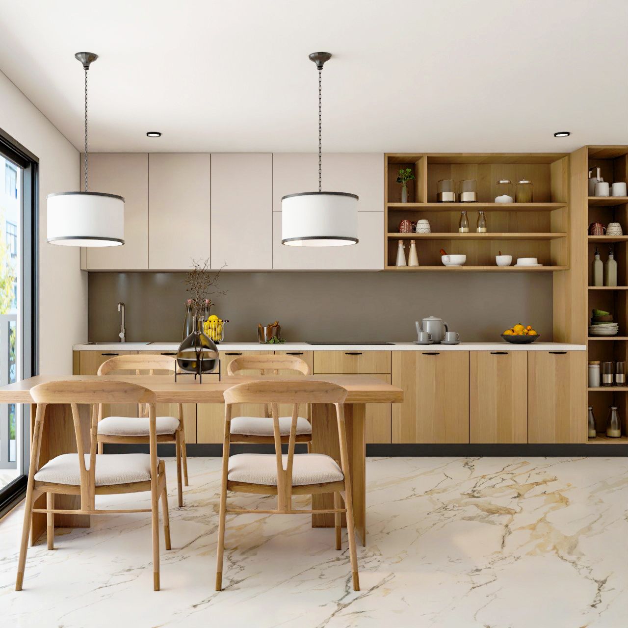 Classic Modular Wooden Open Kitchen Design With Integrated Dining Table