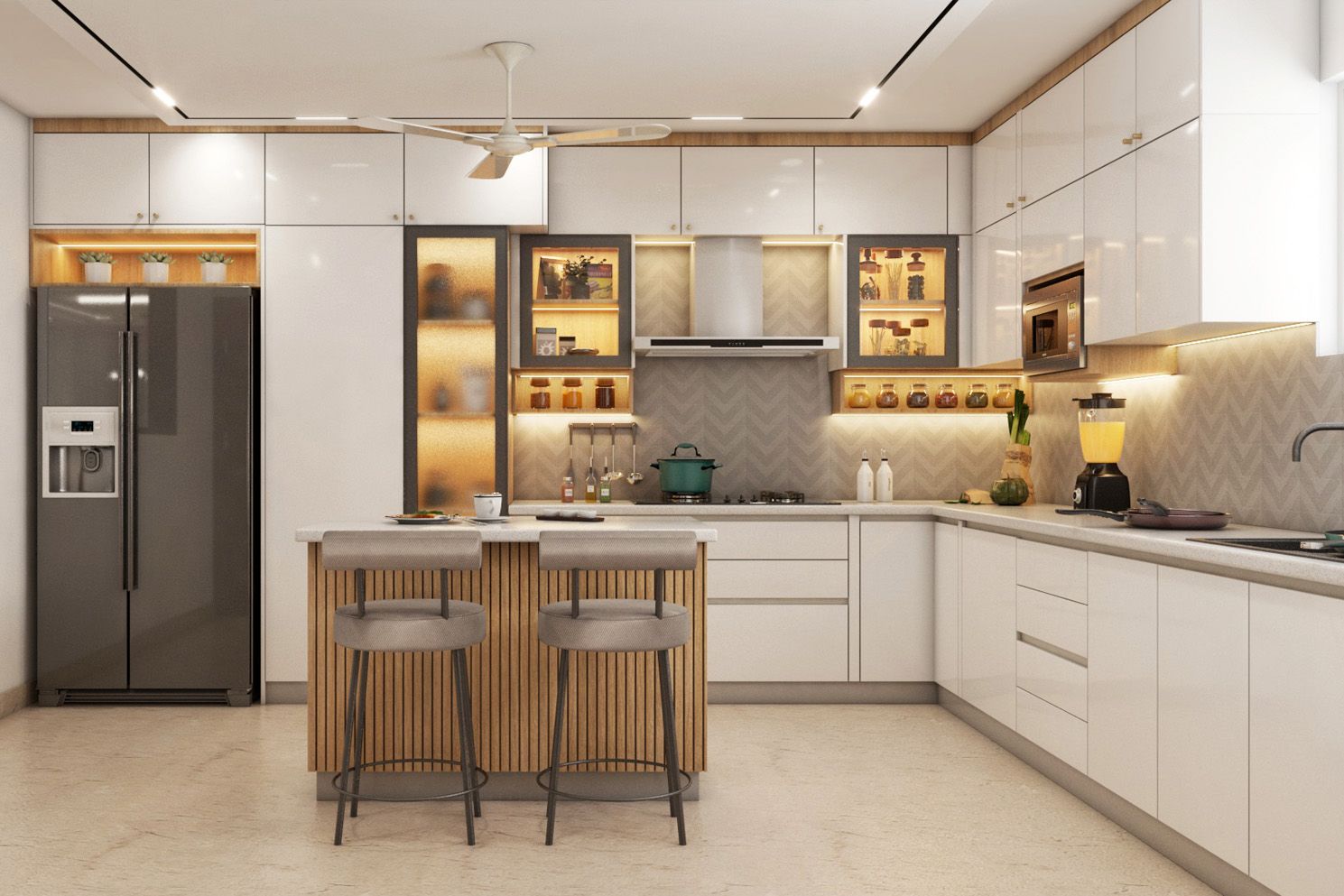 White Modular Modern Kitchen Design With Grey Chevron Kitchen Backsplash