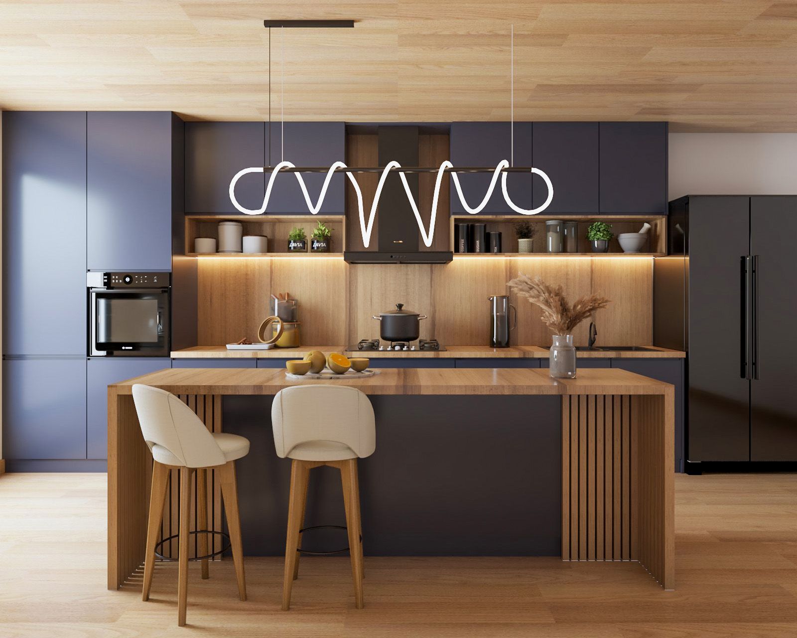 Modern Blue And Wood Modular Regalia Kitchen Design With Kitchen Island