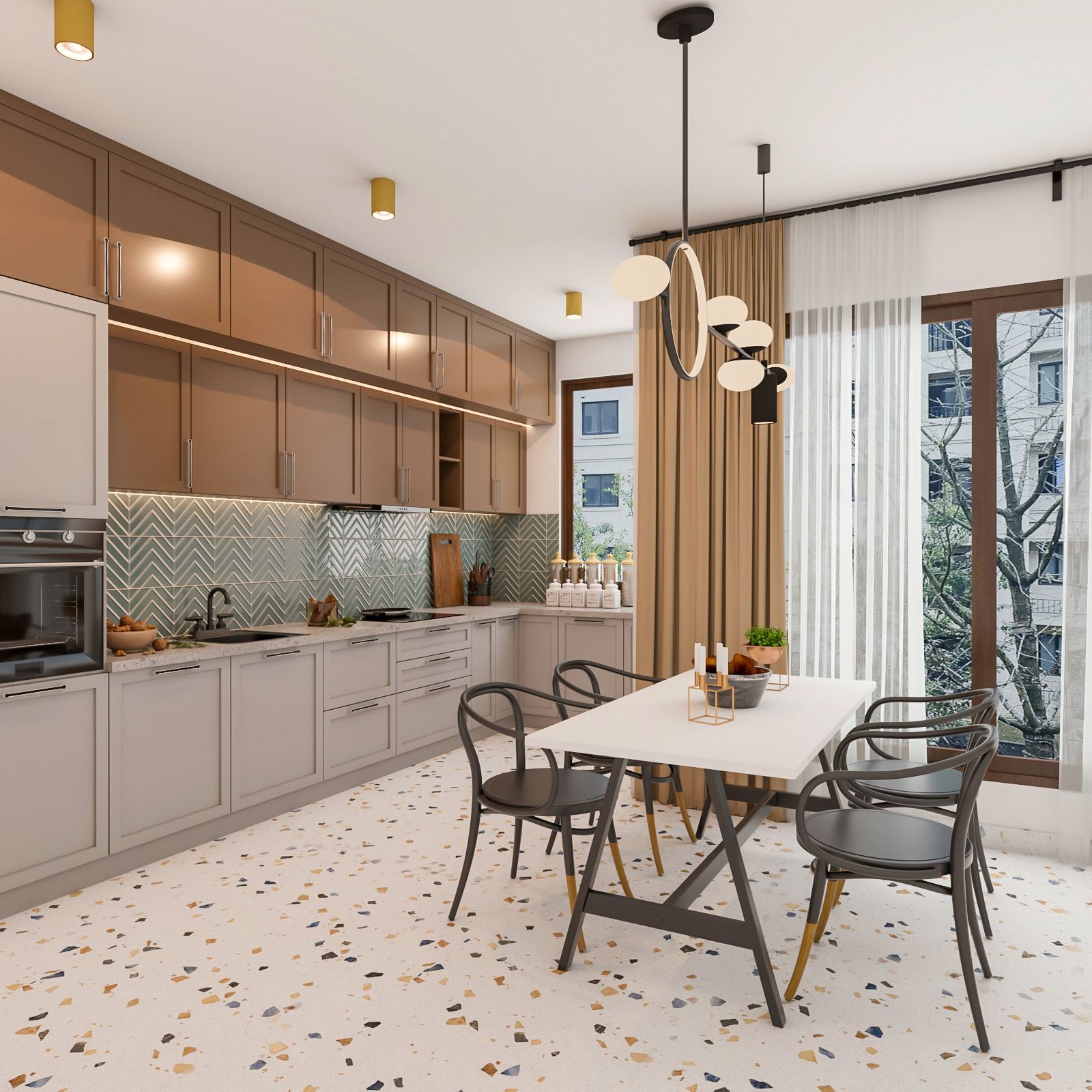 Modern Modular Regalia Open Kitchen Design With Brown And Beige Kitchen Cabinets