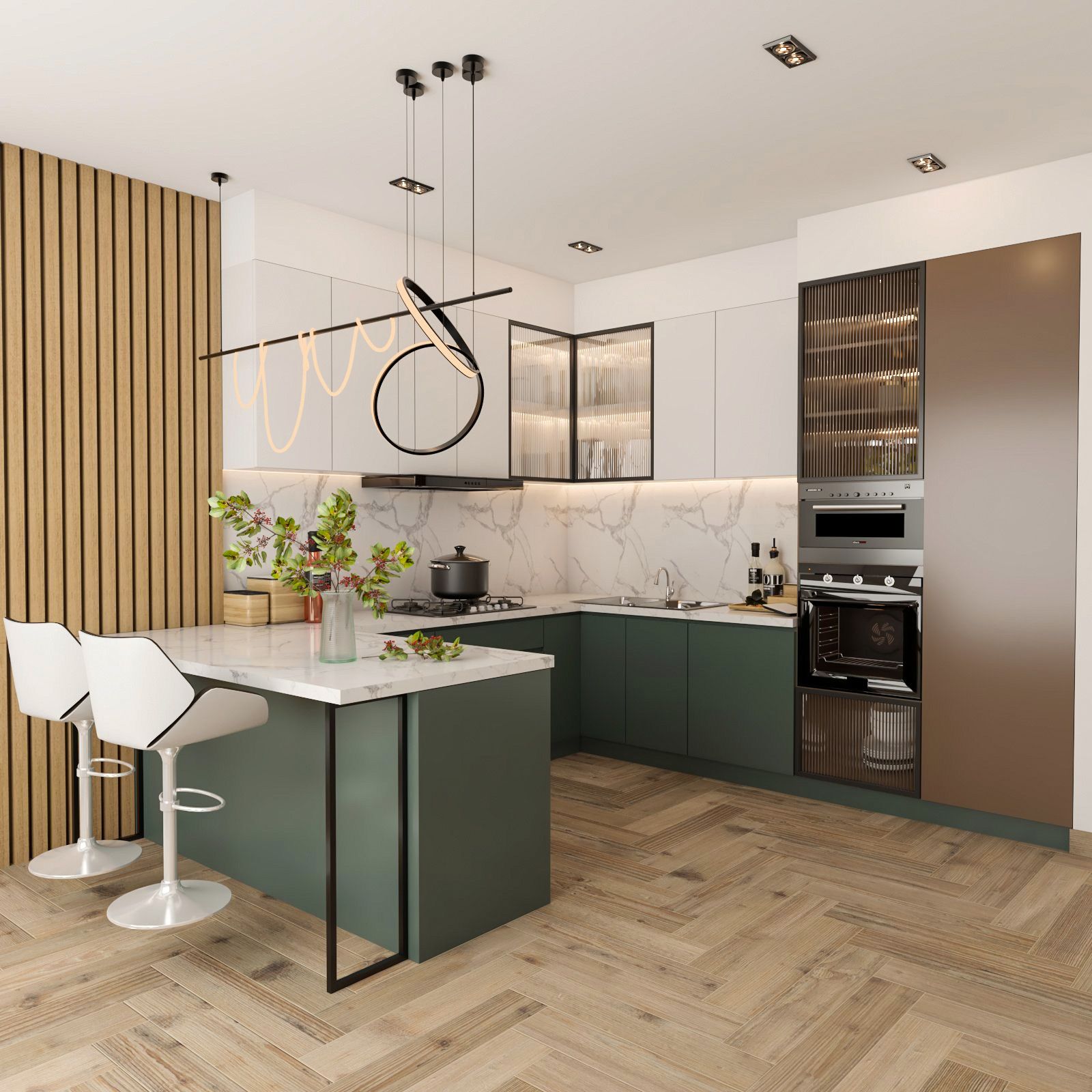 Contemporary White And Green U-Shaped Modular Regalia Kitchen Design