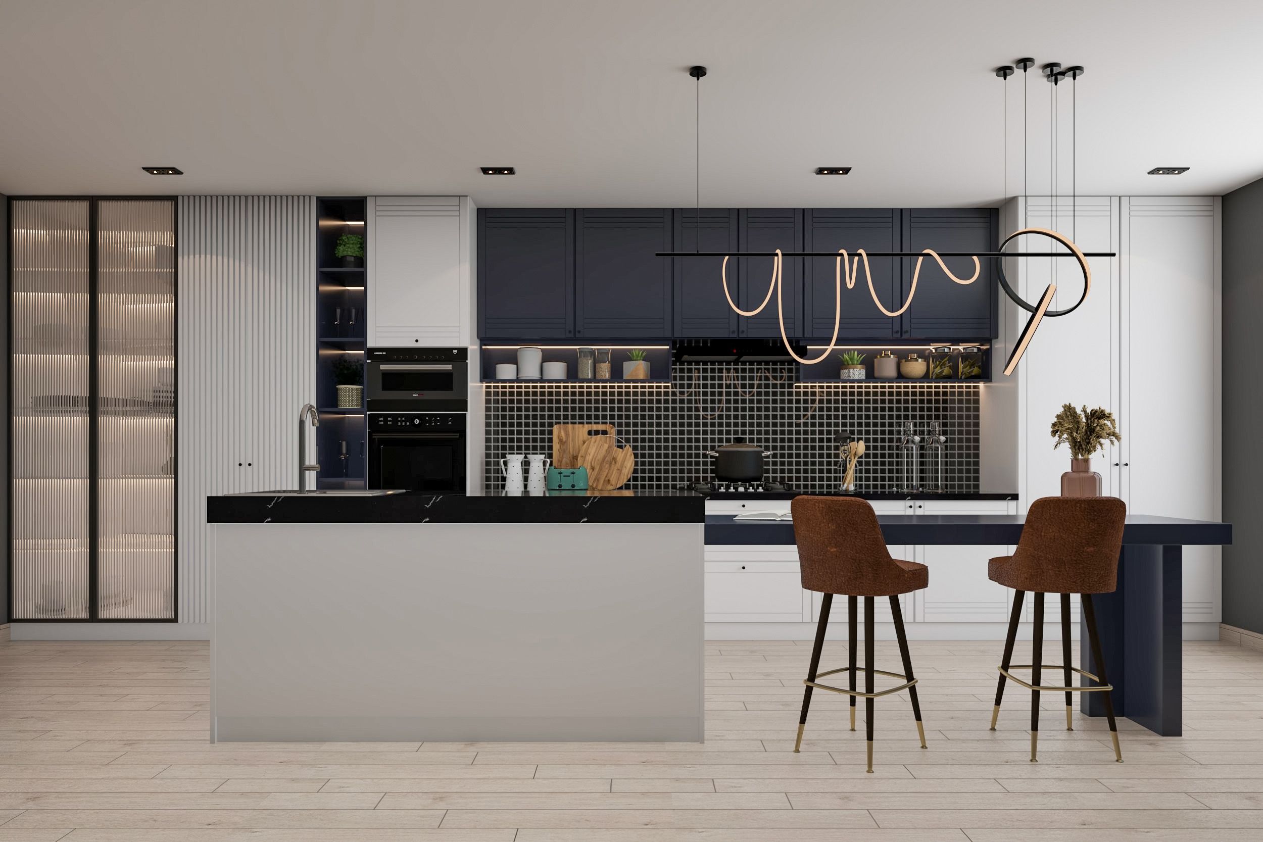 Modern Island Regalia Kitchen Design With Black And Off-White Kitchen Cabinets With Kitchen Island