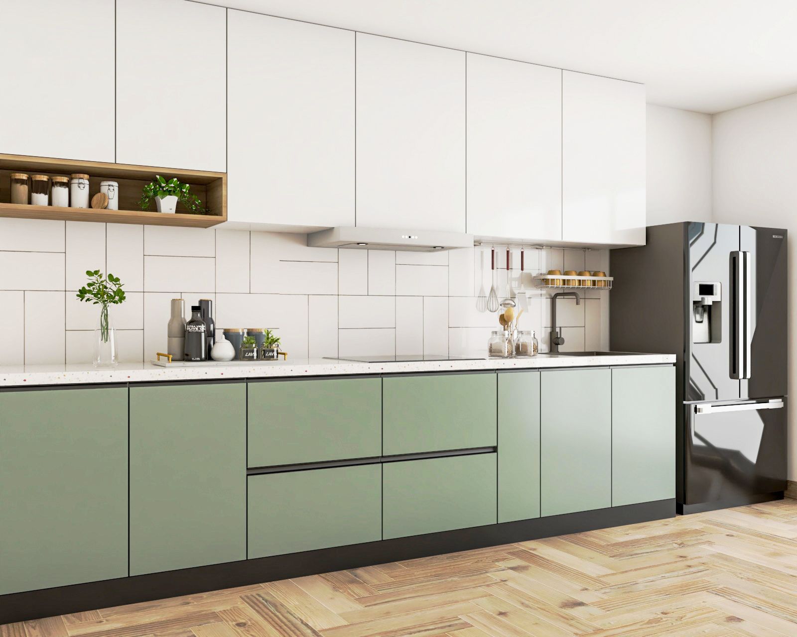 Modern Green And White Modular Open Kitchen Design With Glossy White Dado Tiles