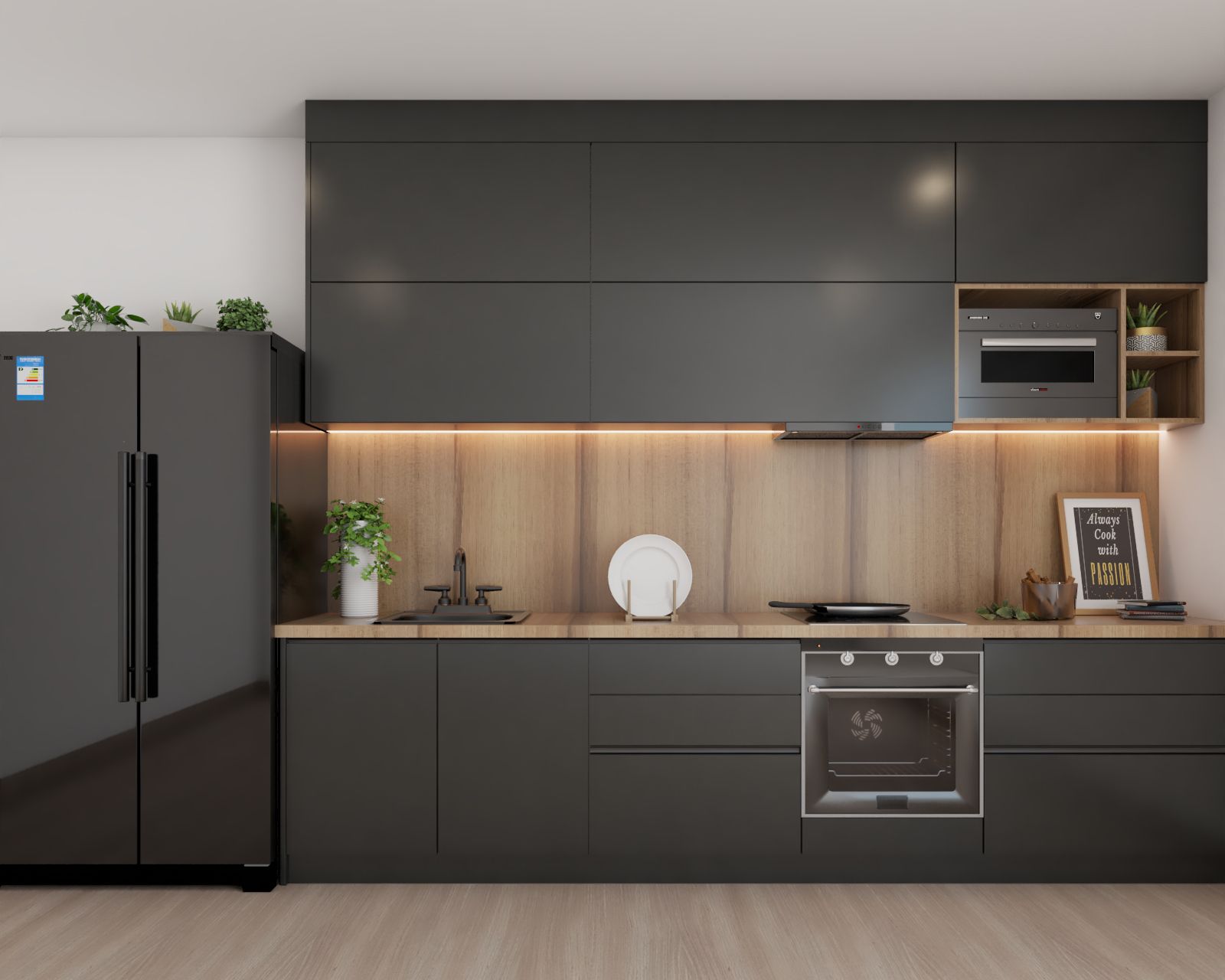 Modern Dark Grey Modular Open Kitchen Design With Wooden Backsplash