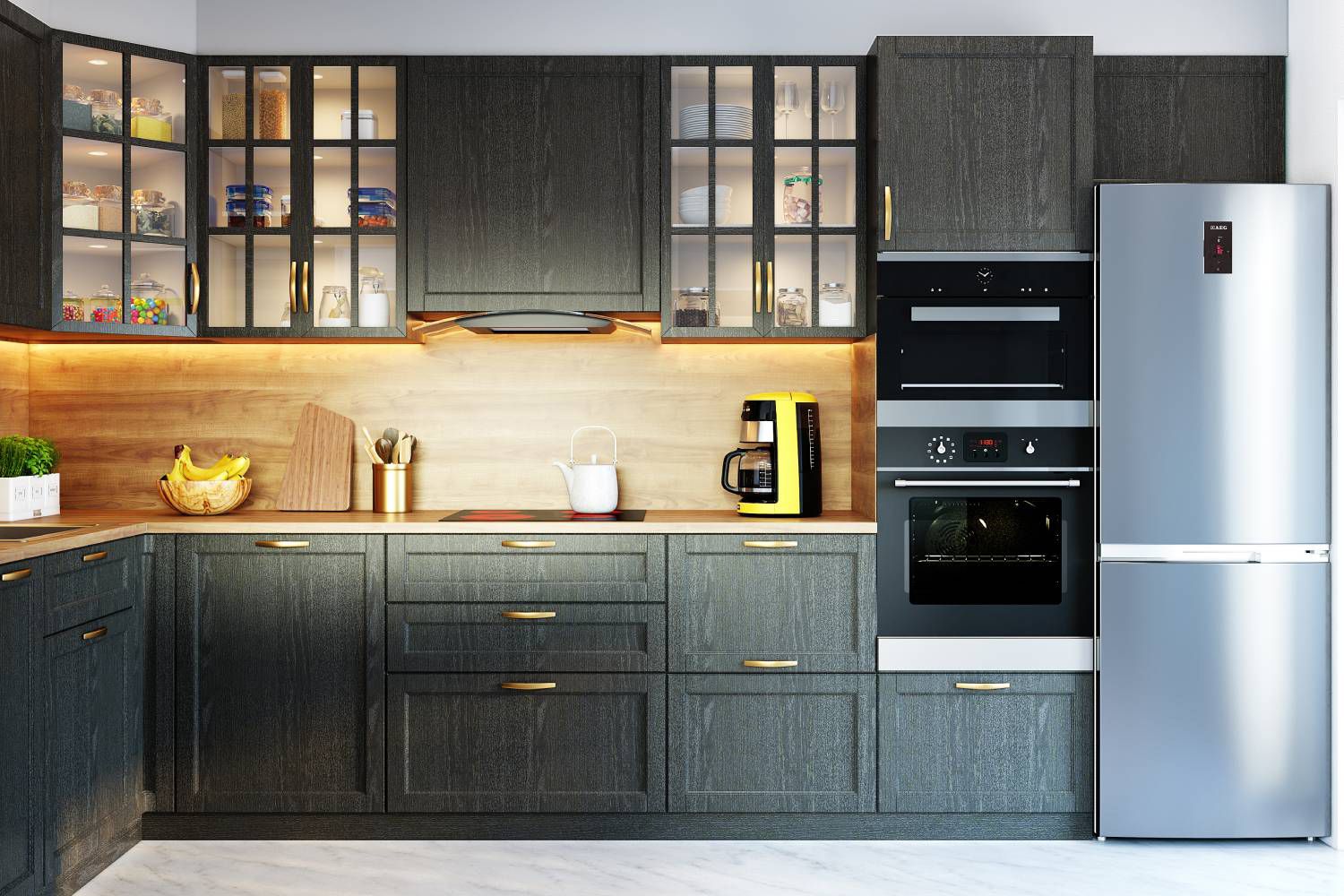 Classic L-Shape Modular Kitchen Design With Dark Oak Kitchen Cabinets